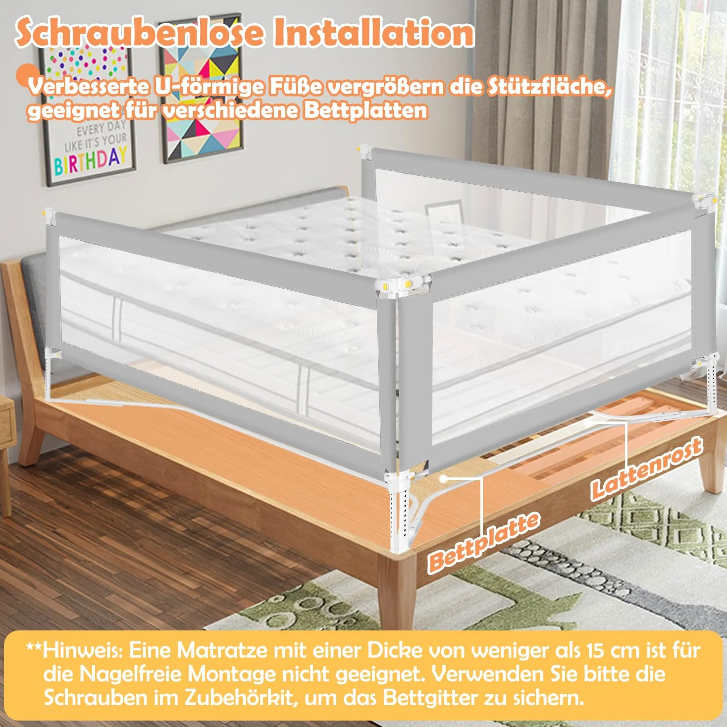 Ikodm Griglia per letto 200 cm x 2 + 150 cm x 1 cm, pieghevole con base a forma di U, griglia di protezione per lettino, altezza regolabile 68-95 cm, per bambini e letti dei genitori, grigio