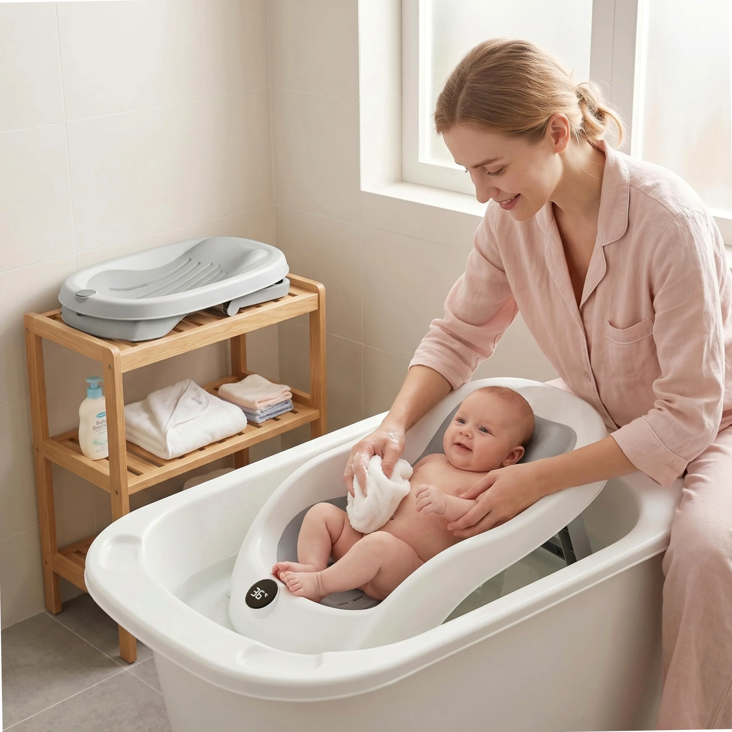 Supporto per bagnetto, vaschetta per il bagnetto con display digitale della temperatura e drenaggio, seggiolino pieghevole per vasca da bagno antiscivolo per neonati (grigio) ;1