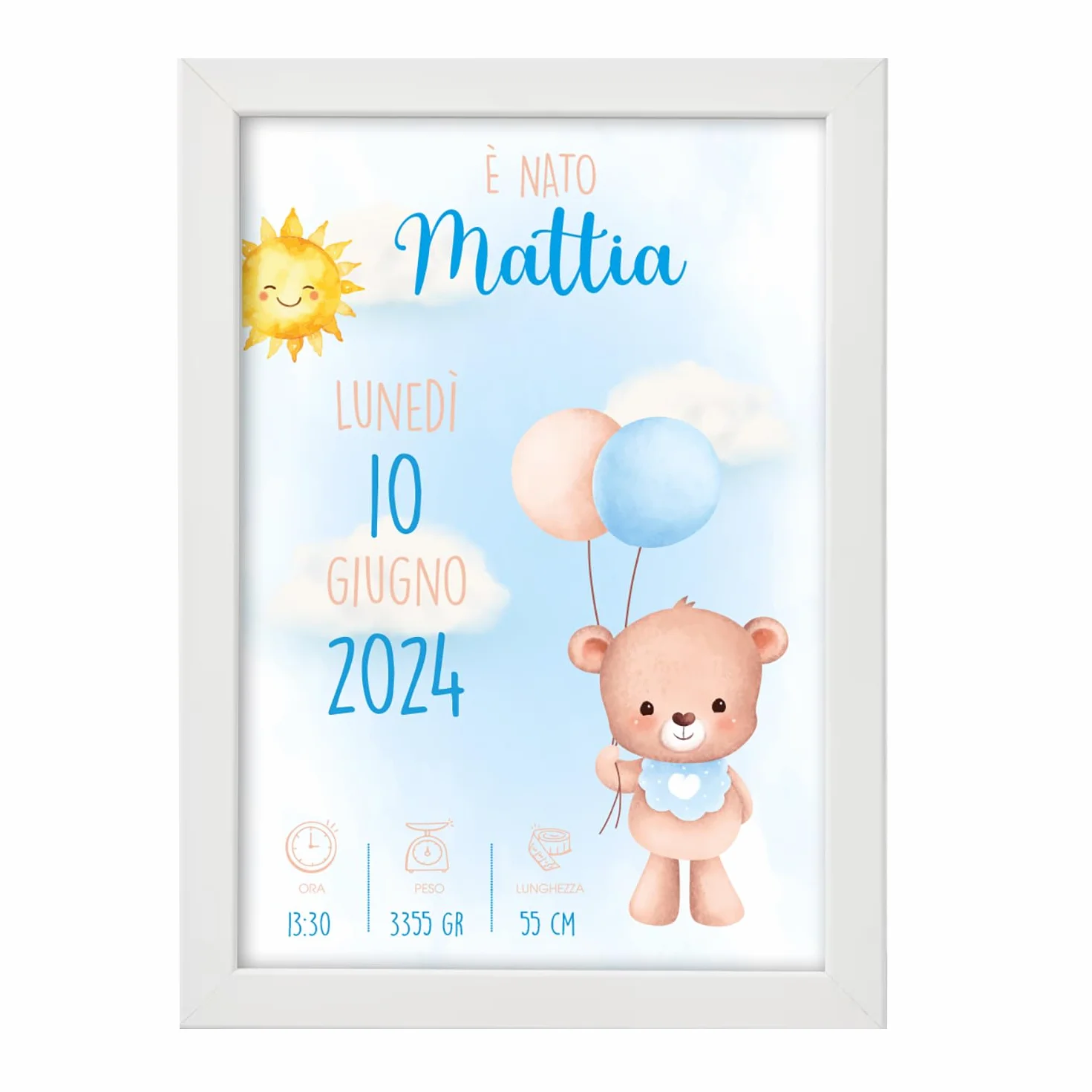Quadretto Nascita Personalizzato Orsetto Azzurro con Palloncini- Cornice Personalizzata con i dati del tuo bimbo/a - Idea Regalo Nascita