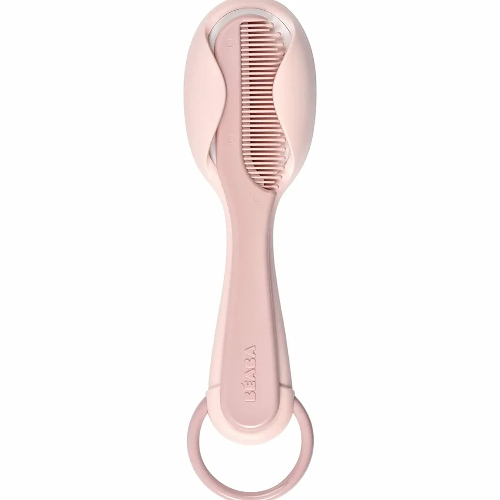 BÉABA Pettine e Spazzola per Capelli di Neonati e Bambini, Spazzola con Scomparto Posteriore per Riporre il Pettine, Rosa