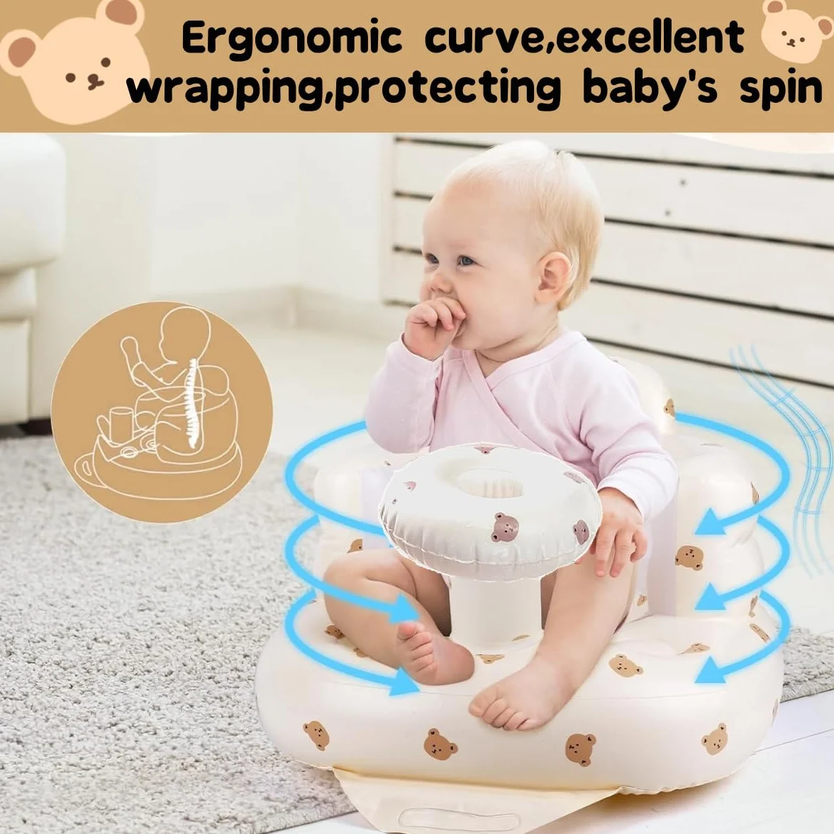 Seggiolino gonfiabile per bambini da 4 a 24 mesi con pompa ad aria integrata, supporto per la schiena per bambini, sedia per sedersi, sedia per baby shower, sedile (Orso)