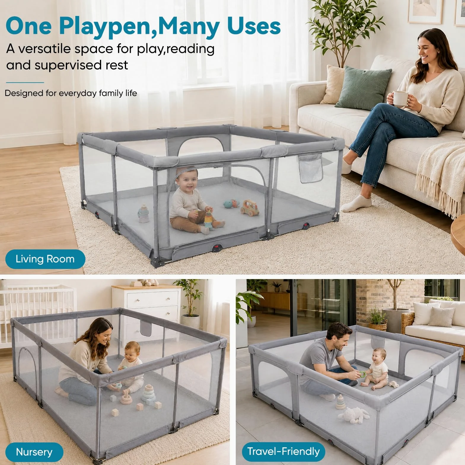 Box Pieghevole per Bambini 180 x 150 cm con Rete Traspirante | 2 Ingressi Laterali, Bordi Morbidi, Interno ed Esterno, Senza Montaggio, Anelli per Trazioni