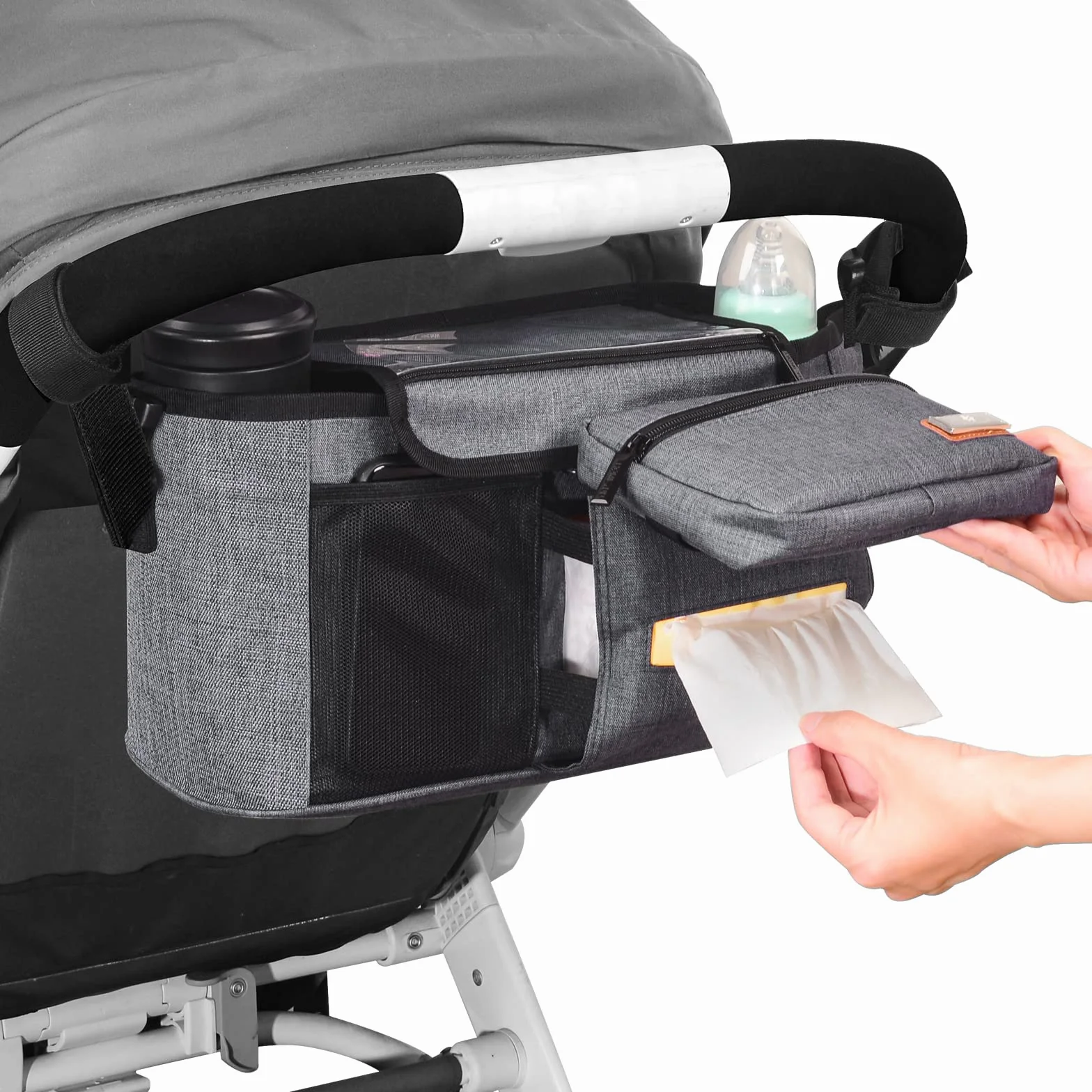 Nuova borsa portaoggetti passeggino, organizer passeggini contiene 2 portabiberon per pannolini e giochi, Adatto a tutti i modelli di Buggy