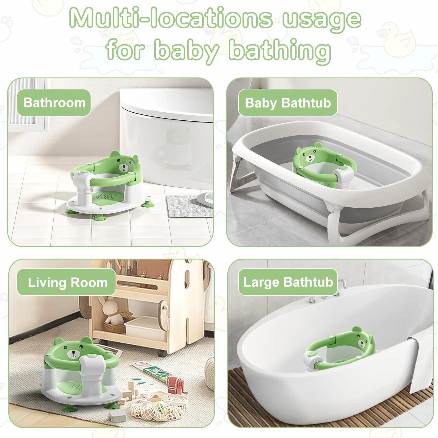 Seggiolino per Vasca da Bagno per Bambini a Partire da 6 Mesi, Seggiolino da Bagno Antiscivolo con 4 Ventose e Cuscino per Neonati, Sedia per Doccia Portatile per Doccia o Vasca da Bagno, Verde