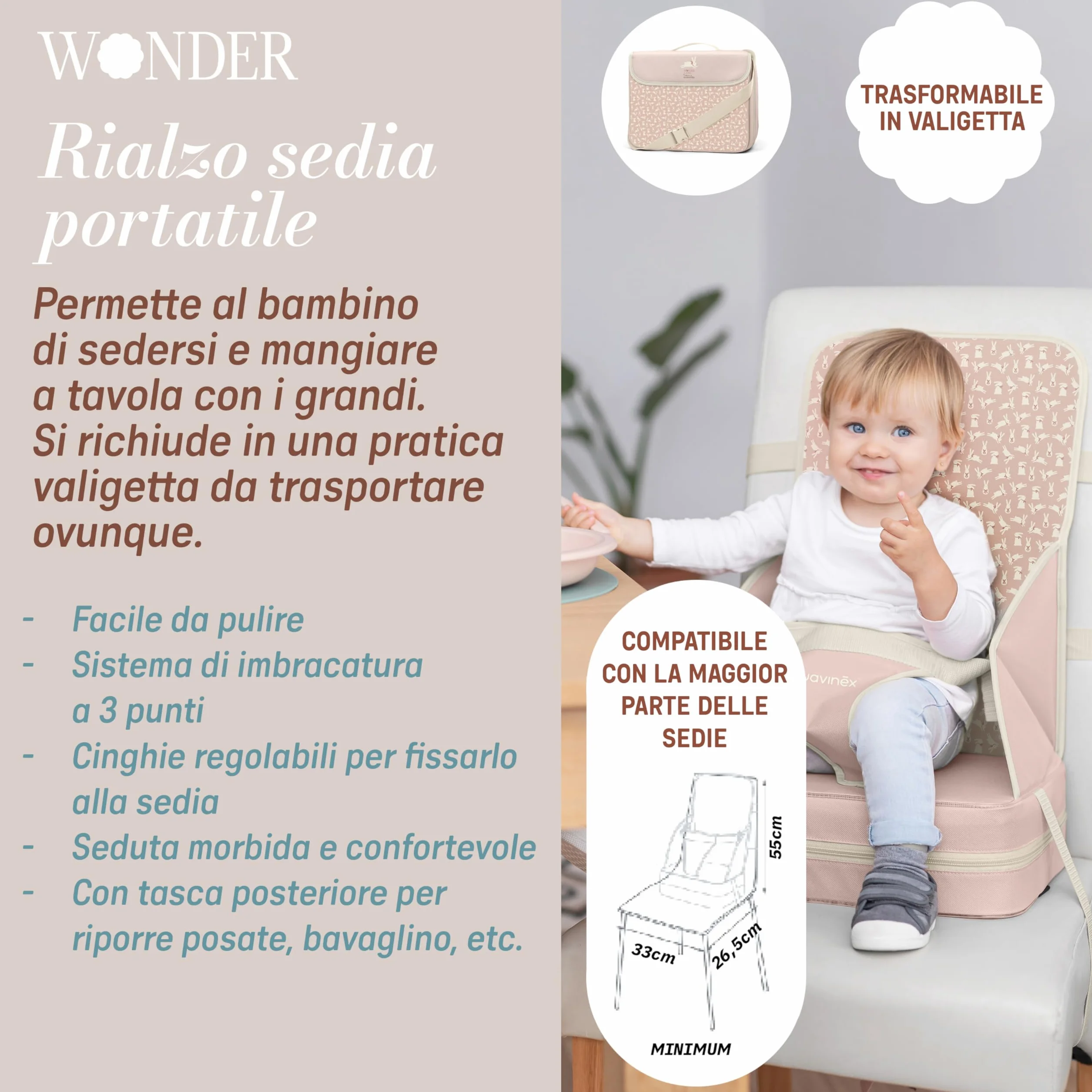 Suavinex, seggiolone portatile per bambini +6 mesi, rialzo per seggiolone, seggiolone universale trasformabile in borsa, facile da pulire, leggero, con imbracatura, morbido e con schienale, verde
