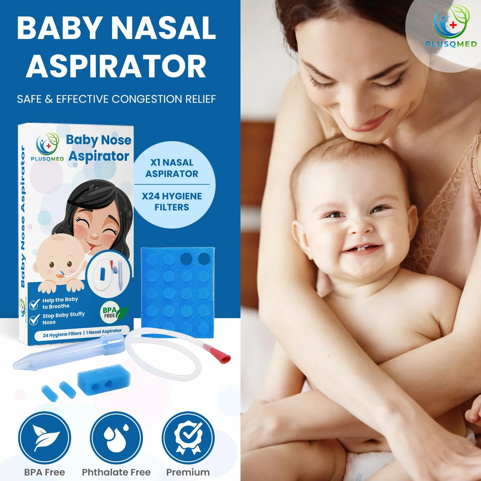 Aspiratore nasale per bambini, ventosa per muco con 24 filtri igienici, sicuro e facile da pulire per neonati, neonati, bambini, aspiratore nasale, aspiratore nasale, rimozione del muco, PLUSQMED