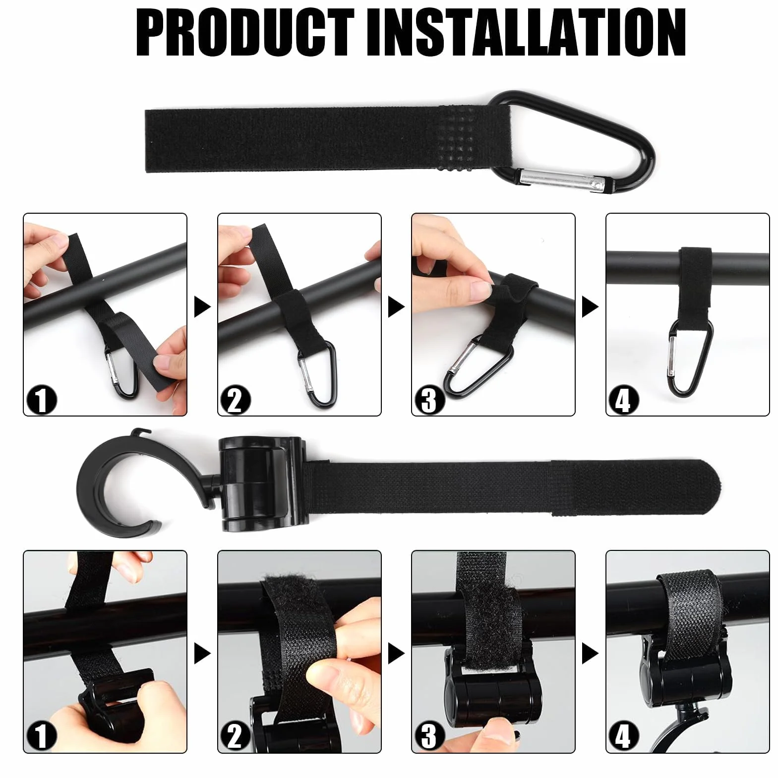 4 Pezzi Ganci Passeggino, Ganci per Passeggino Universale Leggero Rotanti Appendi, Multiuso Gancio Clip con Chiusura Regolabile, Ganci Appendere per La Spesa Borse Pannolini Borsette (Nero)
