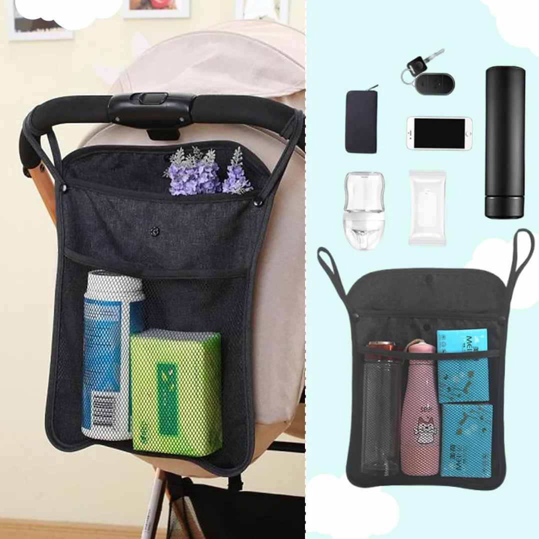 Organizer Universale per Passeggino Borsa Multiuso per Carrozzina Rete Portaoggetti per Passeggini Borsa per Spesa Organizer per Carrozzina (33 x 30 cm, Nero)