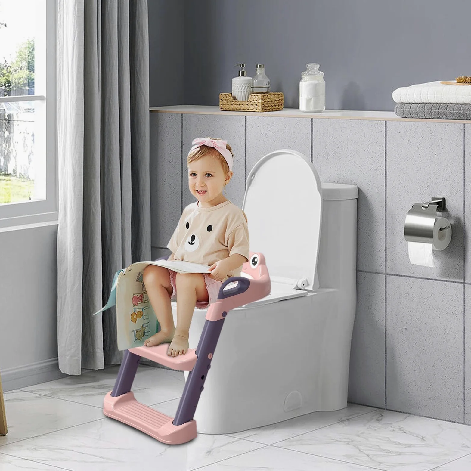 Sedile vasino con gradini, scaletta vasino Maniglie sopra il sedile del WC | Pieghevole Gradini antiscivolo, maniglie impermeabili sopra le scale del WC, per bambini e b