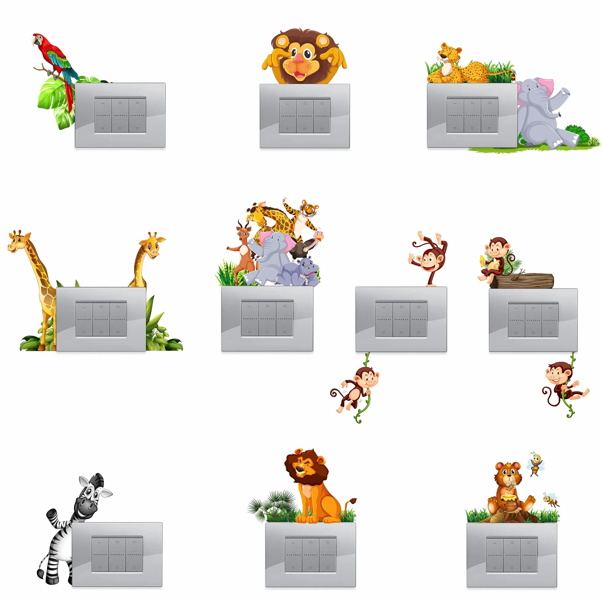 Bizarre Creations | Adesivi Animaletti per Decorazione Interruttori Luce, Adesivi per Interruttori, Bambini, Adesivi Simpatici Animaletti Savana Elefantino Leone Cameretta (10 Pezzi)