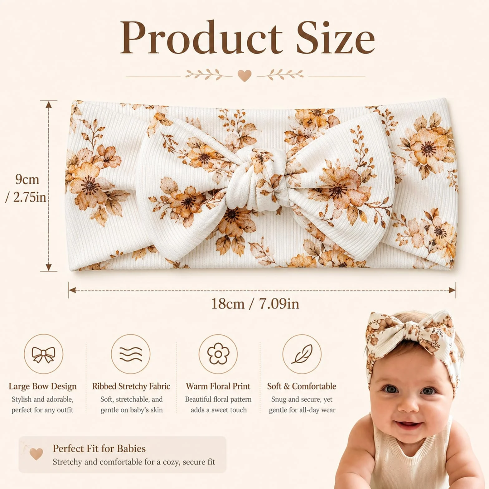 1 Pezzo Fiocco Stampato per Capelli Neonata – Fascia in Cotone Elasticizzato, Per Circonferenza Testa 36-40cm, Morbido Copricapo per 0-3 Anni, Ideale per Uso Quotidiano e Foto