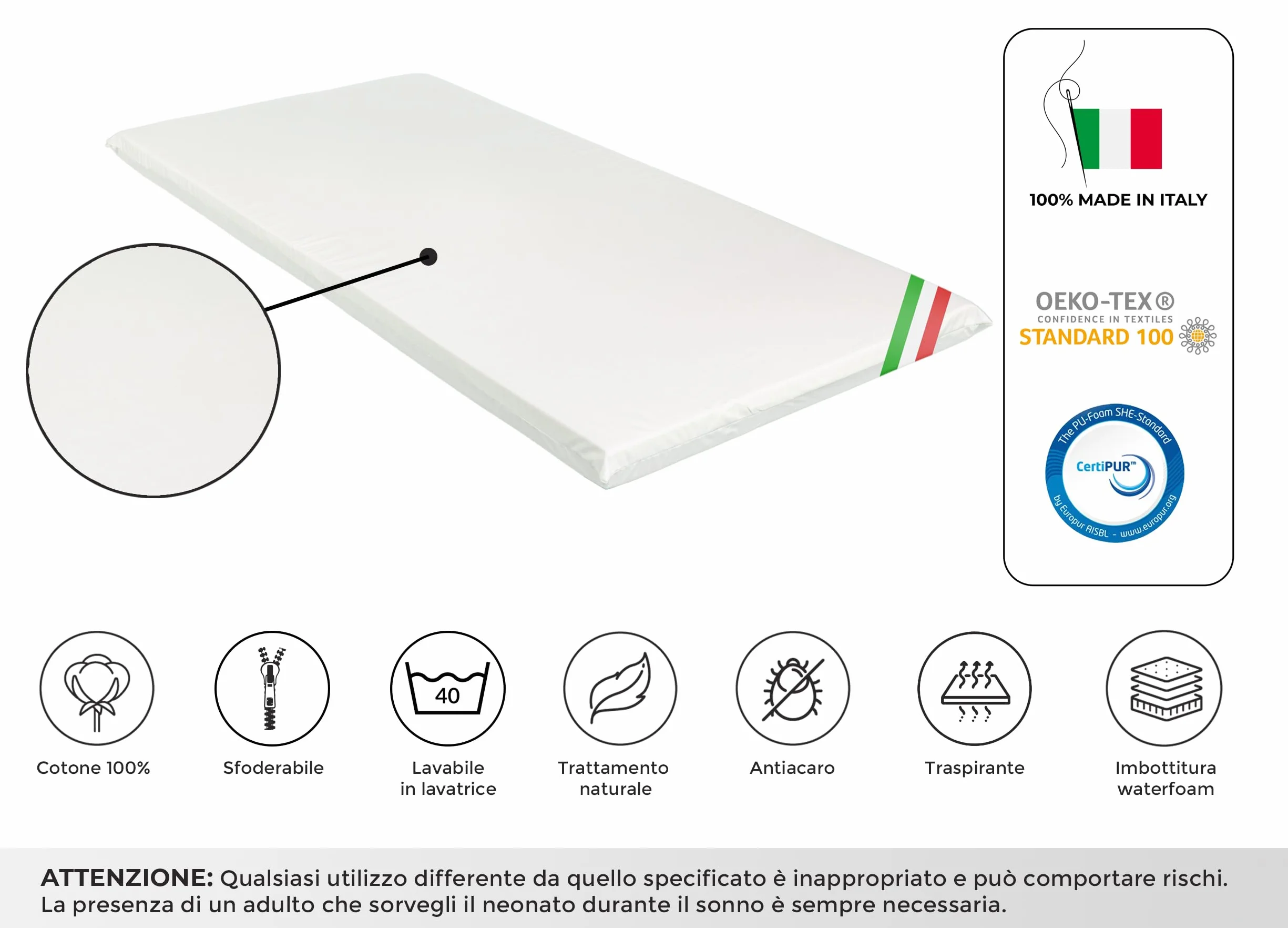 GHIOCUSCINI | Materasso Culla Neonato, Culla Pieghevole CAMPEGGIO, Materasso Bambino 100% Cotone, Fantasia BIANCO, Sfoderabile e Lavabile, 60 x 120 cm, Alto 4.5 cm, Made in Italy