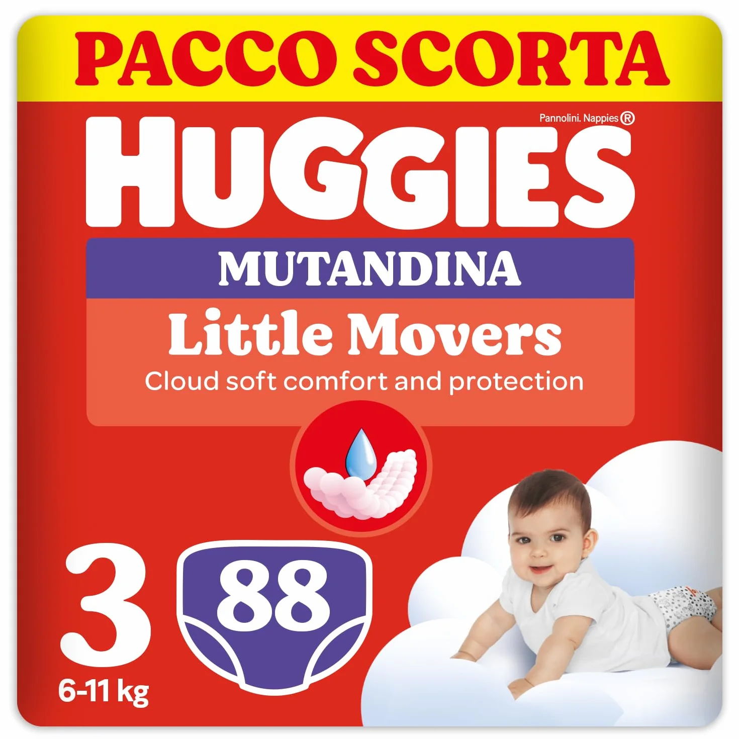 Huggies Little Movers Pannolini Mutandina Taglia 3 (6-11 Kg), Ultra assorbente, Protezione completa, 88 Pz