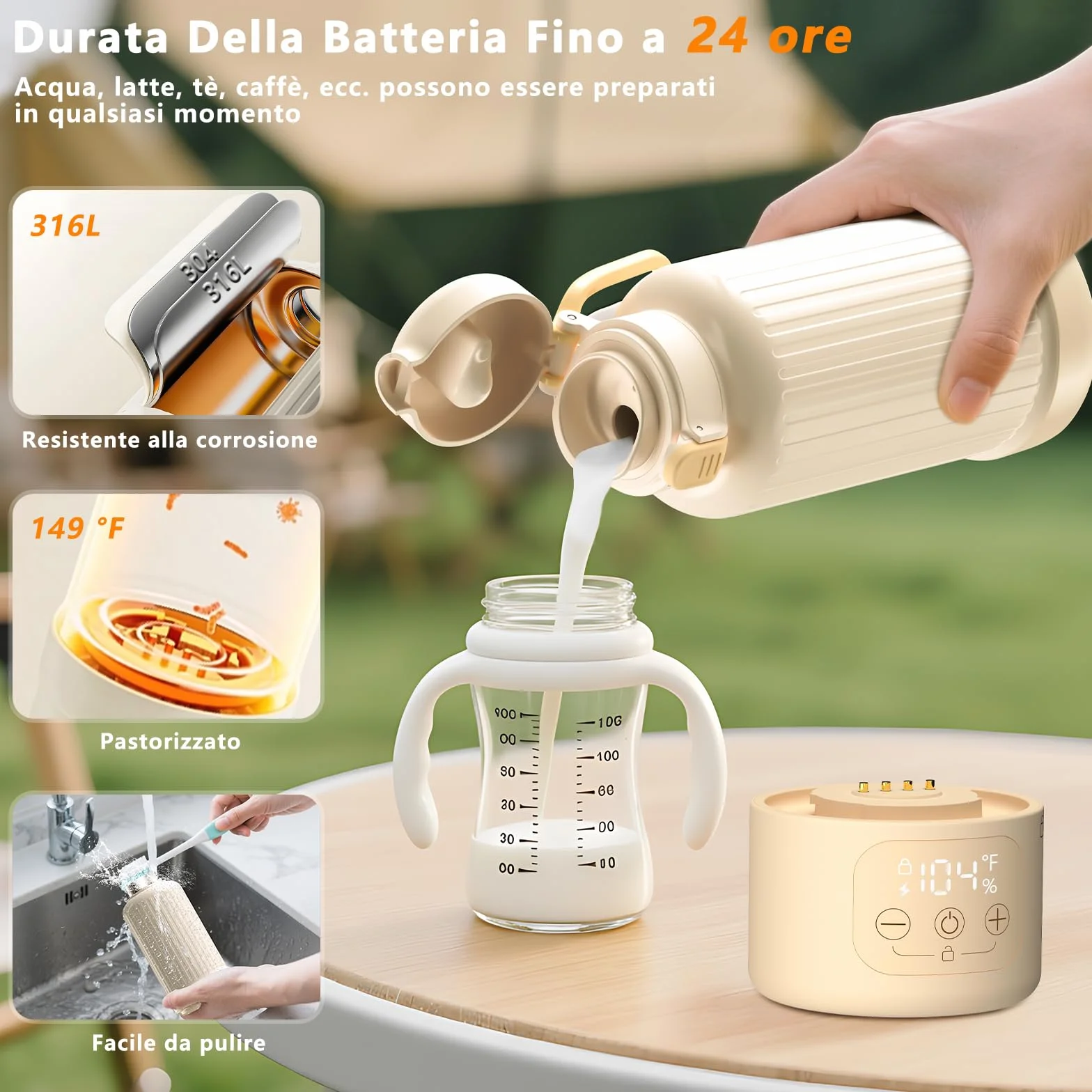 Robofun Scaldabiberon Portatile Senza Fili, Scalda Biberon Neonato Portatile, Riscaldamento Rapido e Lunga Durata della Batteria, Grande Capacità di 500ml, Comodo Da Usare Sempre e Ovunque