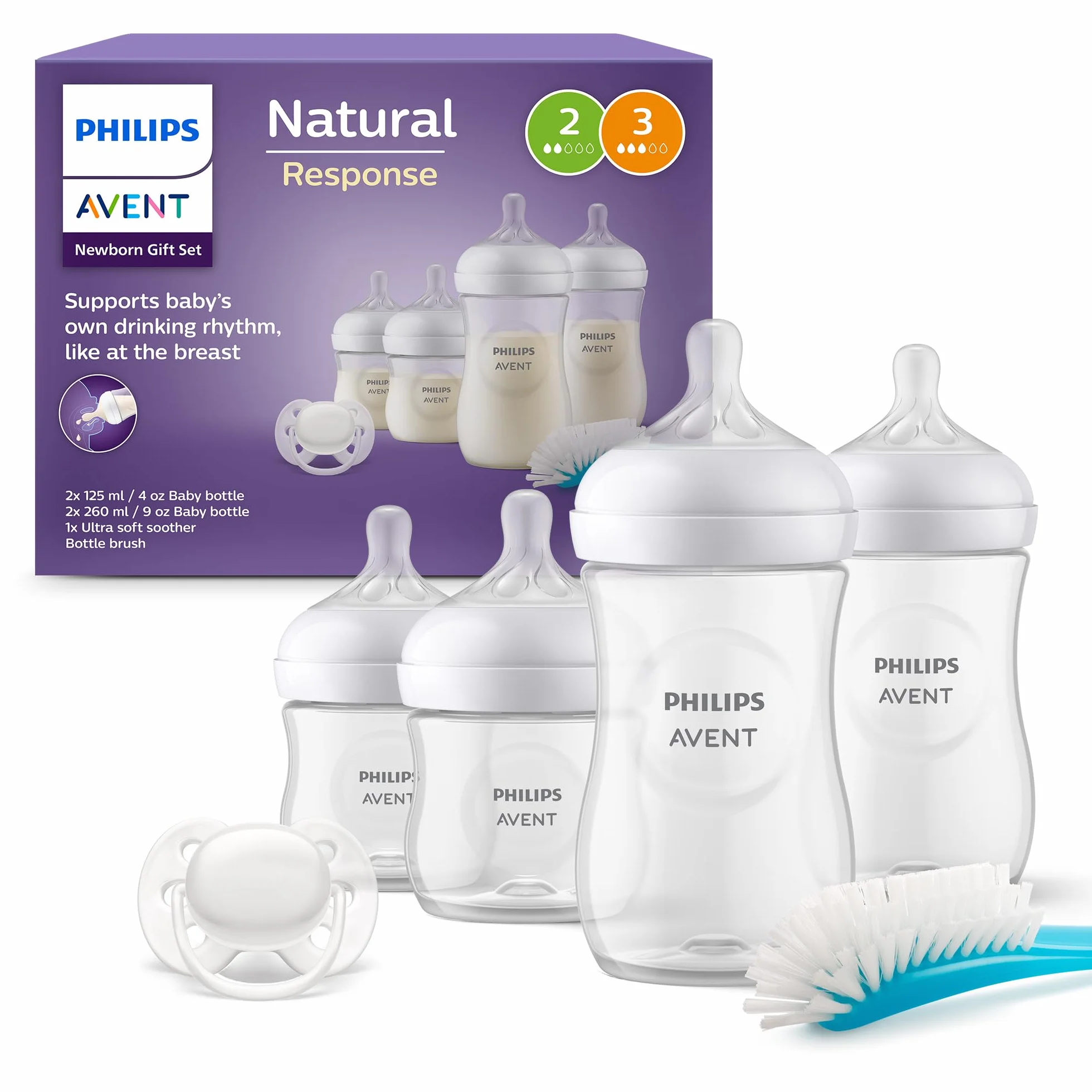 Philips Avent Set Regalo per Neonati - 4 Biberon Con Ciuccio Ultra Soft e Spazzola, per Bambini da 0-12 Mesi in Su (Modello SCD838/11)