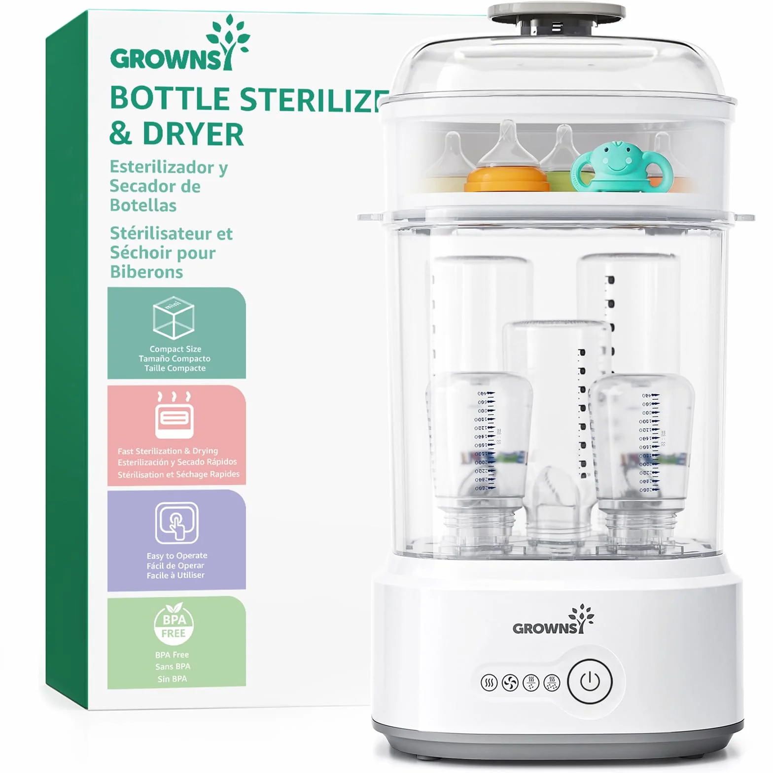 Grownsy Sterilizzatore Biberon con Asciugatura, Sterilizzatore Elettrico a Vapore Compatto per Biberon, Ciucci, Parti del Tiralatte