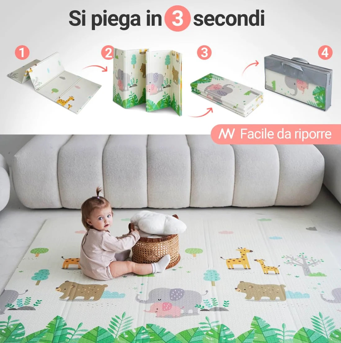 MIKMEL Tappetino da gioco per bambini (Strade/Animali, Grande)