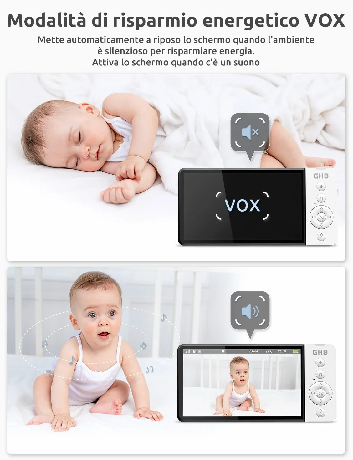 GHB Baby Monitor Video e Audio 5'' 720HD IPS 5000mAh Schermo, 350° Telecamera Rotante, Rilevamento della Temperatura, Interfono Bidirezionale, VOX, Visione Notturna, Ninne Nanne