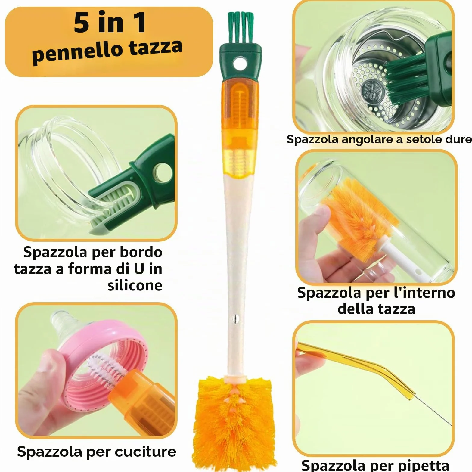 Scovolino per Borraccia, Scovolino per Bottiglie, 5 in 1 Spazzola per Bottiglia, Adatto a Tutti I Tipi di Bicchieri, può Pulire Bocche di Tazze, Cannucce e Altri Luoghi (1)