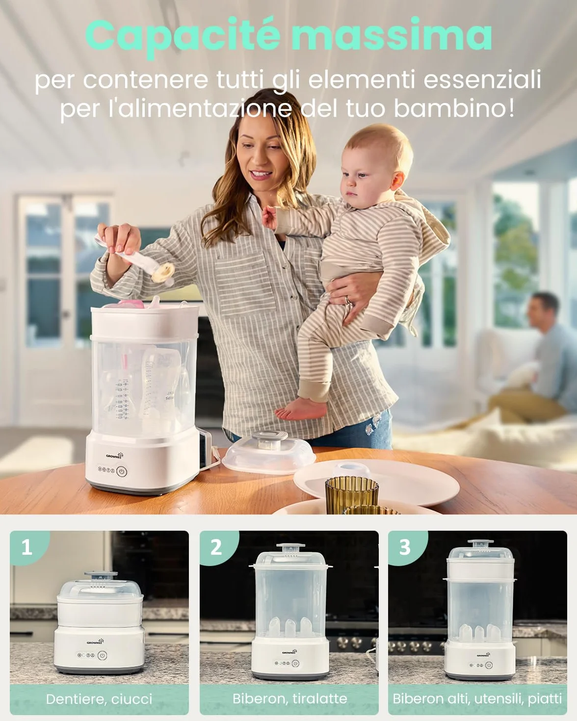 Grownsy Sterilizzatore Biberon con Asciugatura, Sterilizzatore Elettrico a Vapore Compatto per Biberon, Ciucci, Parti del Tiralatte