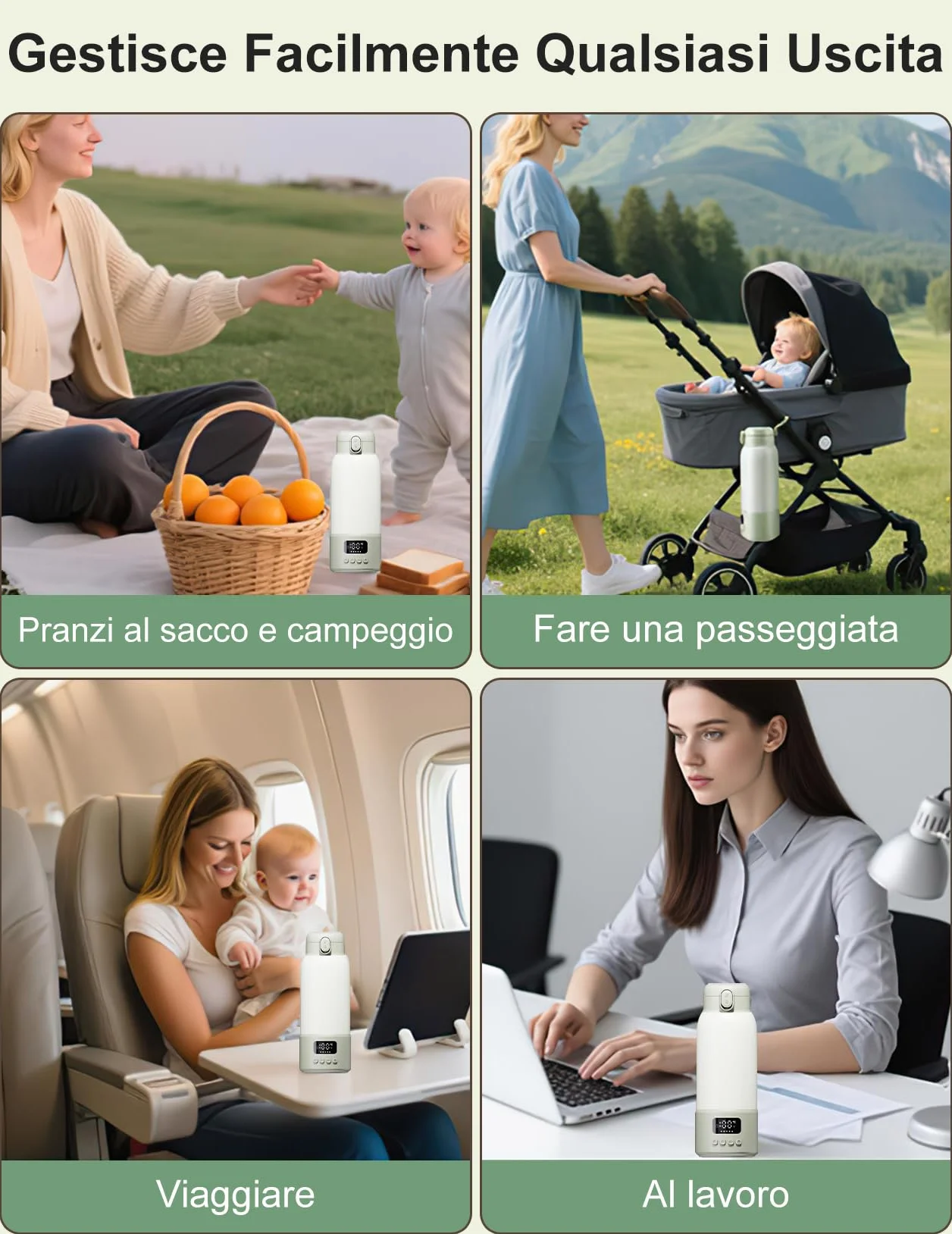 Scaldabiberon Portatile per Bambini da Viaggio, Scaldabiberon da 500 ml 35-70 °C Riscaldamento Rapido Latte Materno e Acqua, Controllo Preciso Della Temperatura per Viaggi, Auto e Attività All'aperto