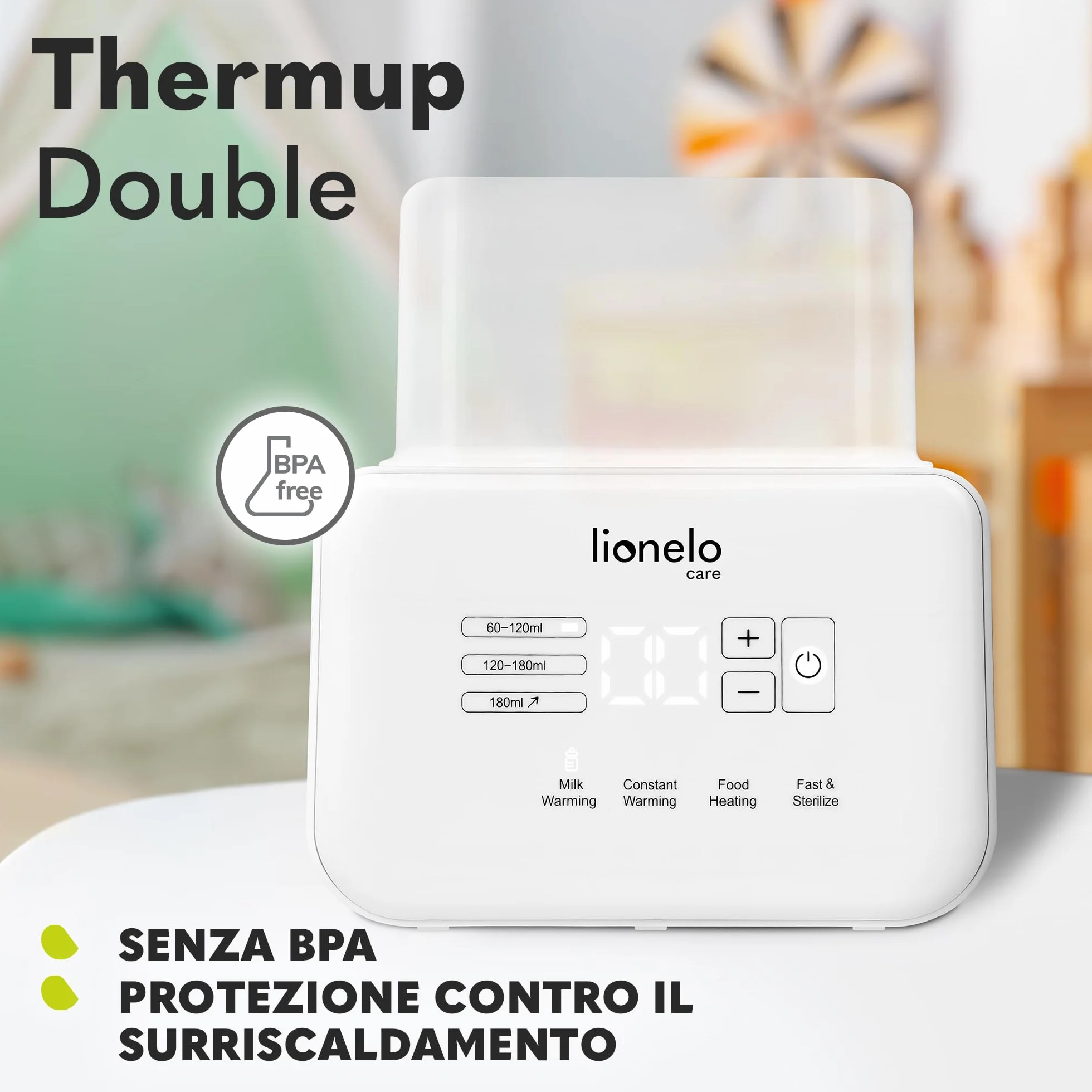 LIONELO Thermup Double scaldabiberon elettrico doppio, Sterilizzatore, scalda pappe e biberon, scongelamento latte, riscaldamento rapido 3-5 minuti, 6 funzioni