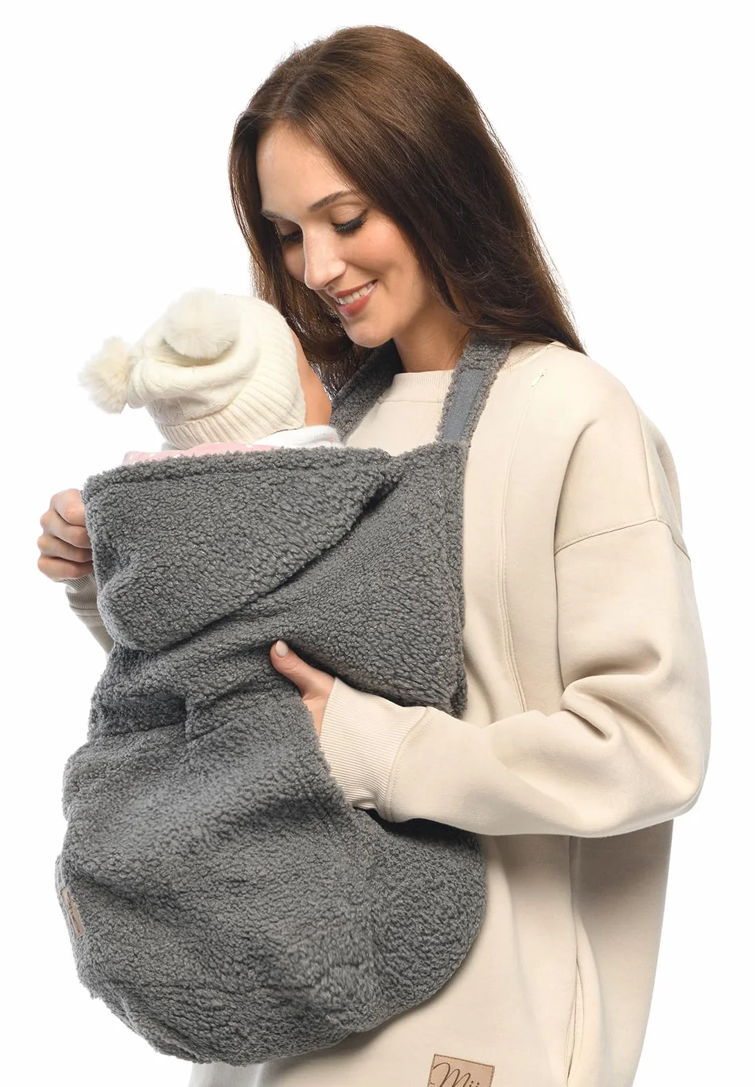 MijaCulture Tragecover M025 TEDDY - Copertura universale per portabebè e mantello, copertura calda per neonati (Grigio/Rosa)