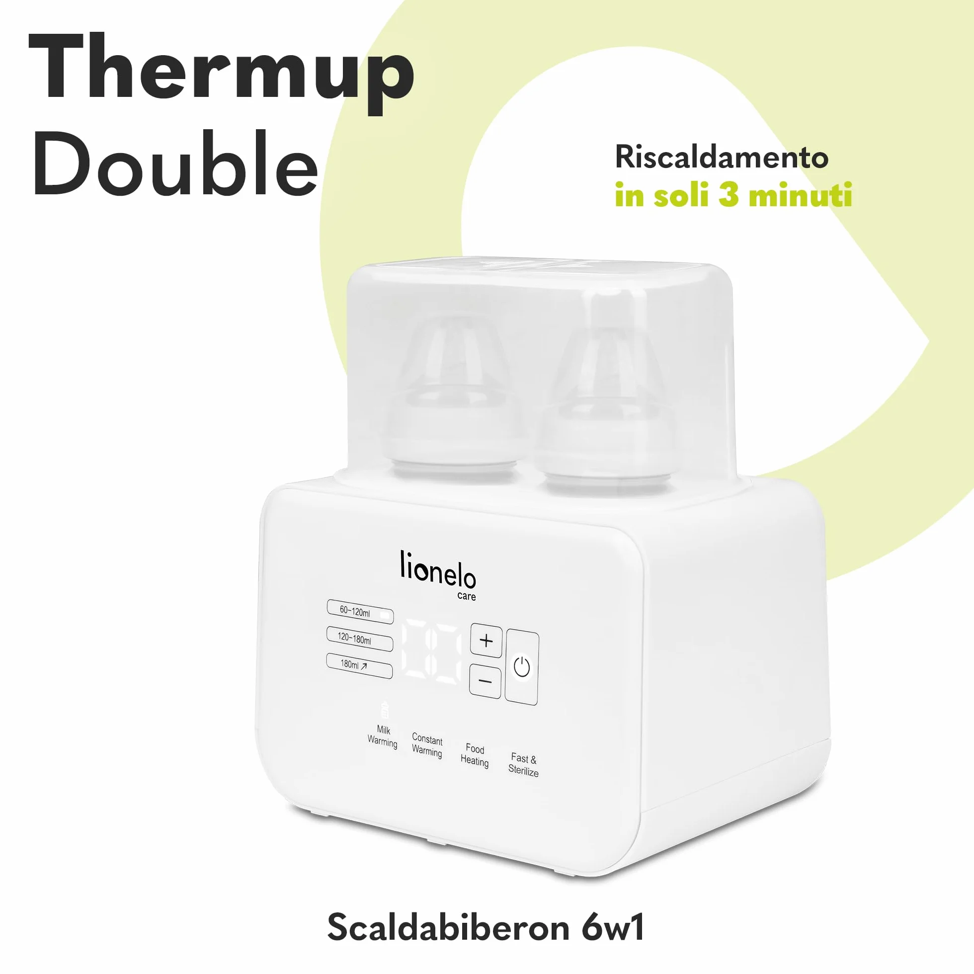 LIONELO Thermup Double scaldabiberon elettrico doppio, Sterilizzatore, scalda pappe e biberon, scongelamento latte, riscaldamento rapido 3-5 minuti, 6 funzioni