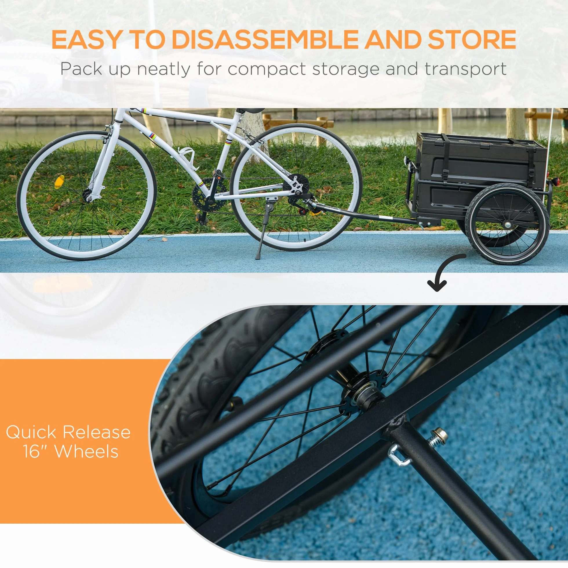 HOMCOM Rimorchio per biciclette, carrello portabici, carro per biciclette con cassetta pieghevole da 65L, grandi pneumatici e catarifrangenti sicuri, carico massimo 40KG, nero