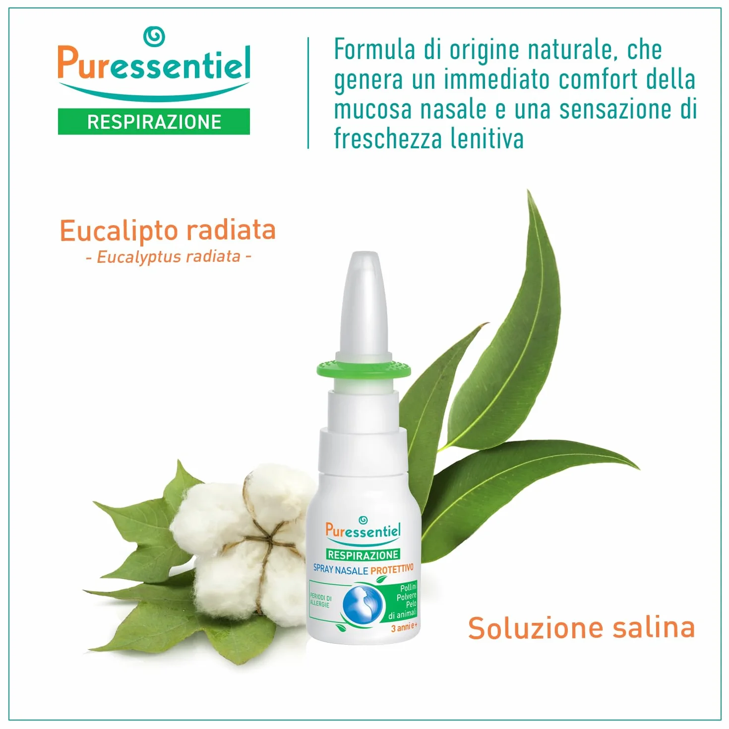 Puressentiel - Spray nasale protettivo - Dispositivo medico - Protezione allergie: pollini, polvere, pelo di animale - Formula di origine naturale - Olio essenziale di eucalipto radiata - 20ml