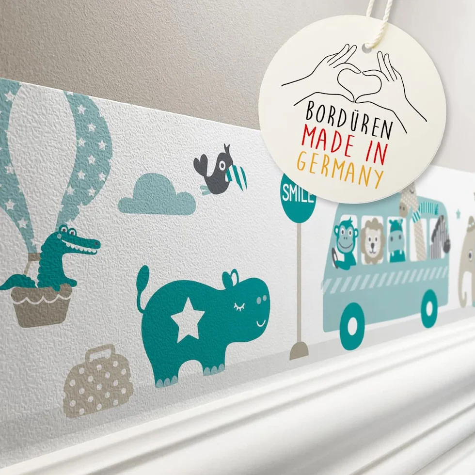 bordo autoadesivo, 450 x 11,5 cm, con motivo di escursione degli animali, beige-menta-turchese