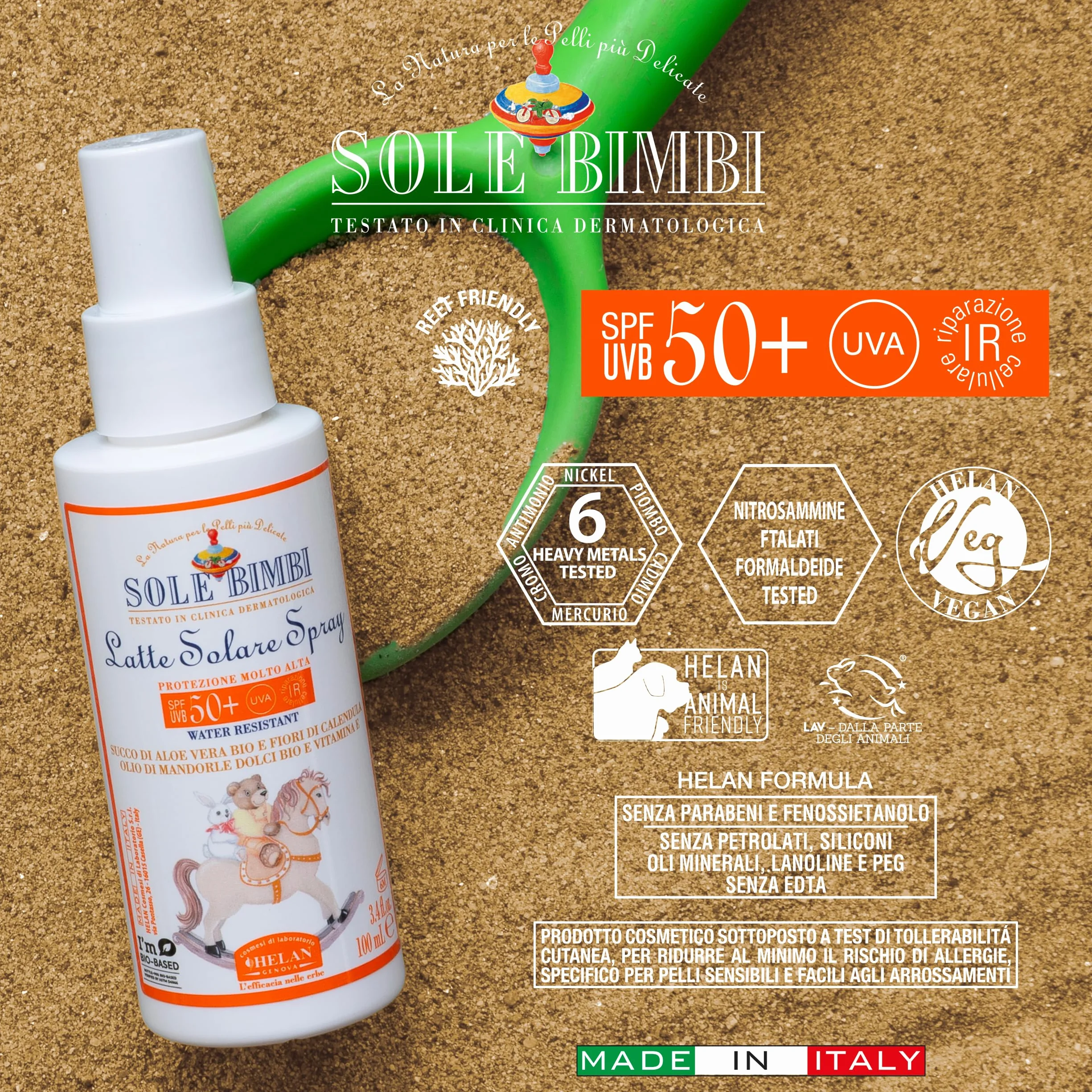 Helan, Sole Bimbi - Crema Solare 50+ Bambini e Neonati Spray Protezione Solare 50+ SPF Molto Alta contro Raggi UVB/UVA, Crema Solare Viso Corpo con Olio di Mandorle Dolci, Vitamina E, Aloe Vera 100 ml