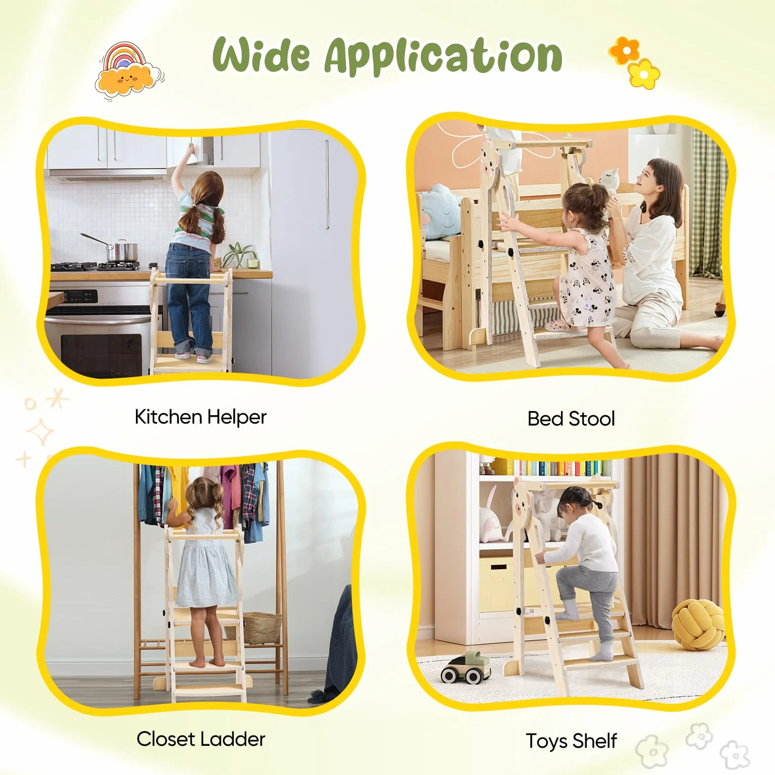 Torre di Apprendimento Pieghevole, 3 Altezze Regolabili, Fold Legno Torre Montessoriana da 1 a 6 Anni per Bambini, Montessori Learning Legno Naturale Kitchen Helper