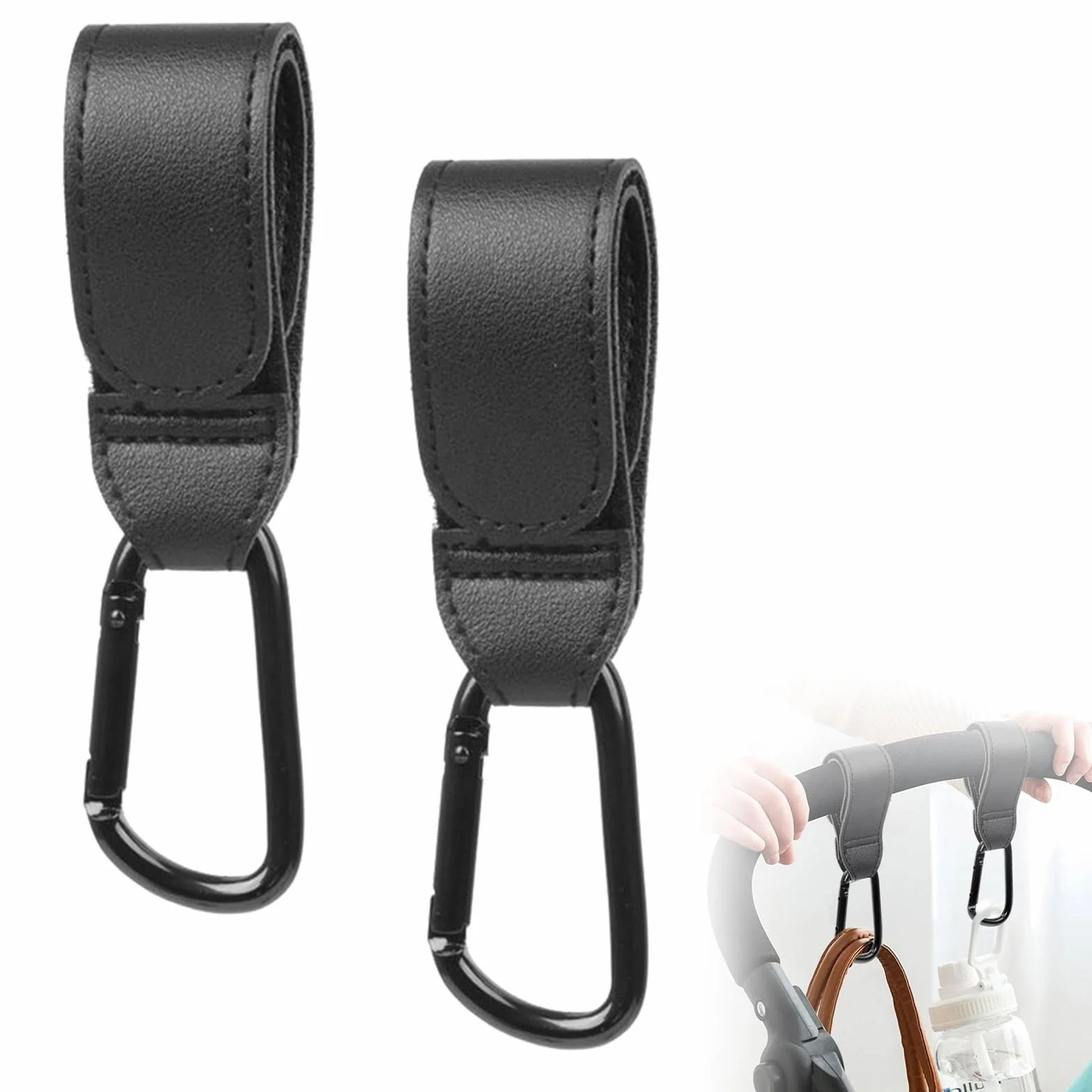 Ganci per Passeggino,Ganci Passeggino Universali,Ganci per Passeggino Porta Borse,Gancio per passeggino in Pelle,Gancio per Passeggino Portatile,Ganci Borsa Passeggino 2 Pezzi Nero Tokaneit