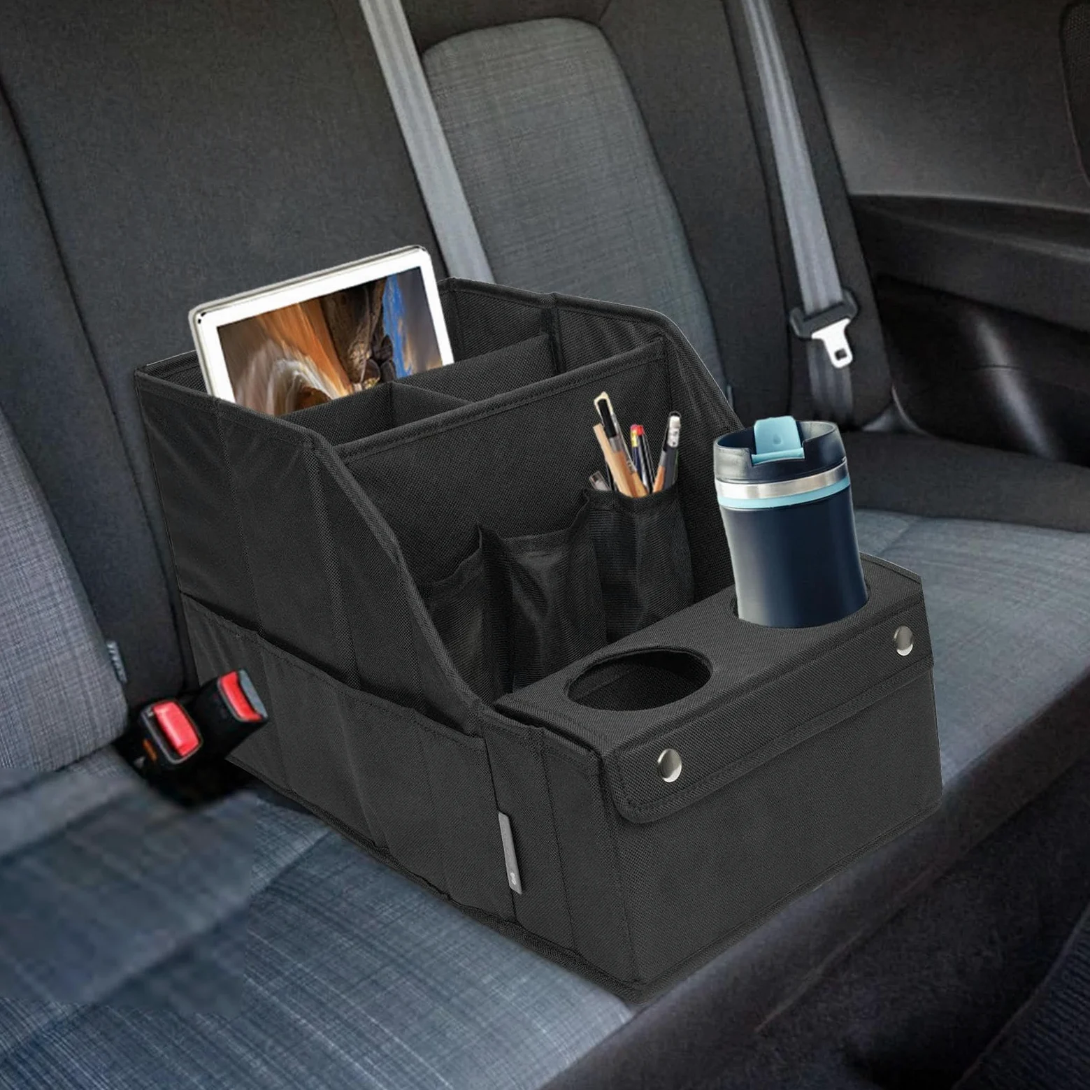 Organizer per sedile | Organizzatore multi-scomparto | Organizer | per sedile auto con 4 scomparti portaoggetti e 2 portabicchieri per bambini da viaggio