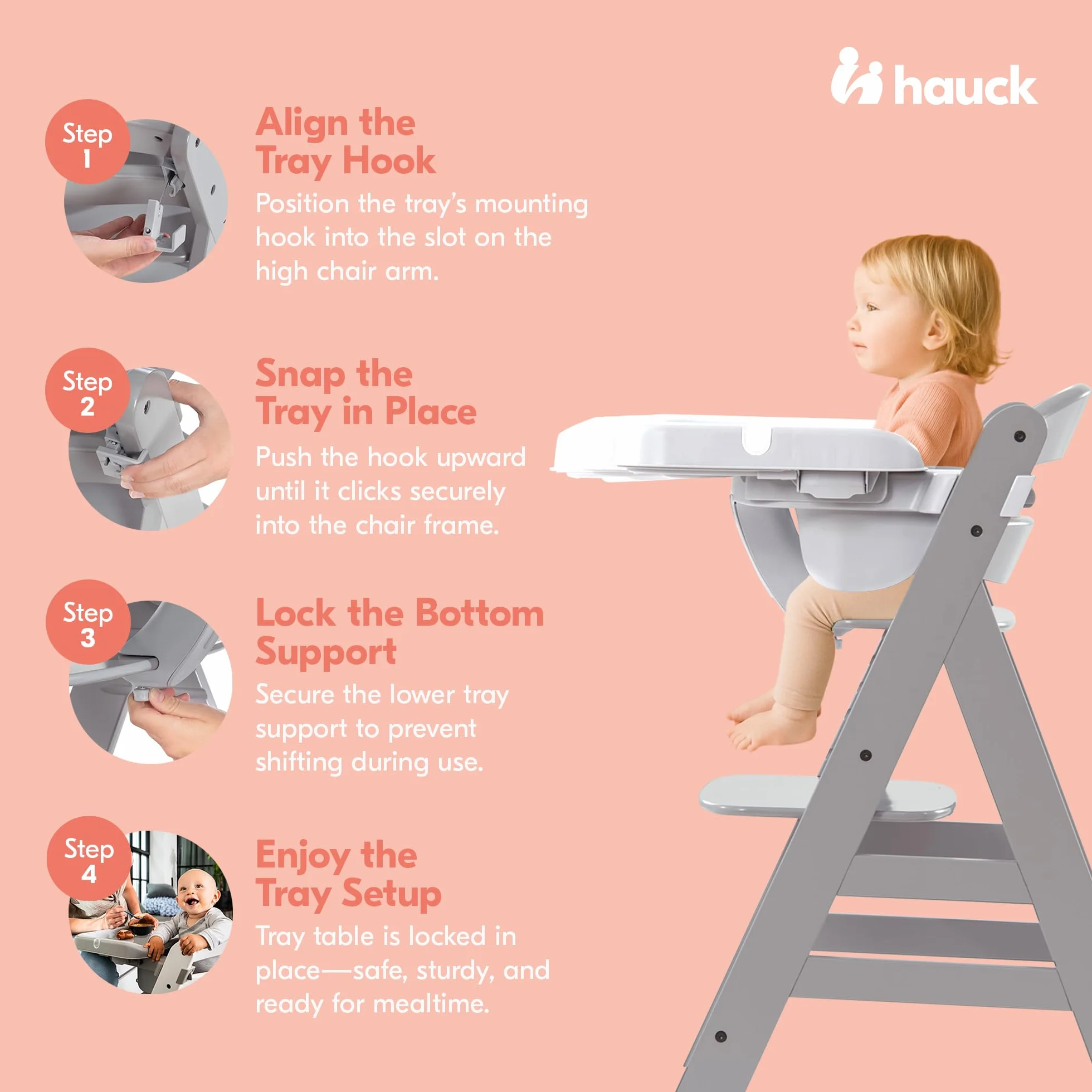hauck Alpha Tray, Bianco - Vassoio Pappa 3in1 per Seggiolone Alpha+ e Beta+ - con Riduttore di Seduta, Bordo Rialzato e Portabicchiere - Regolabile in Profondità - Facile da Pulire