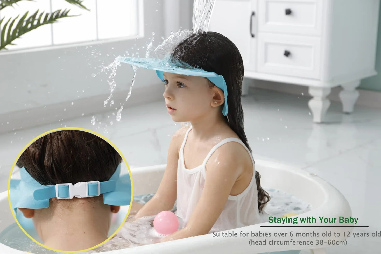 Blu Doccia Cap per Bambino, Sicurezza Cappello da Bathing, cappello con visore regolabile morbido per neonati e bambini, Proteggi occhi, bocca, orecchie(per 0.5-12 anni di età)