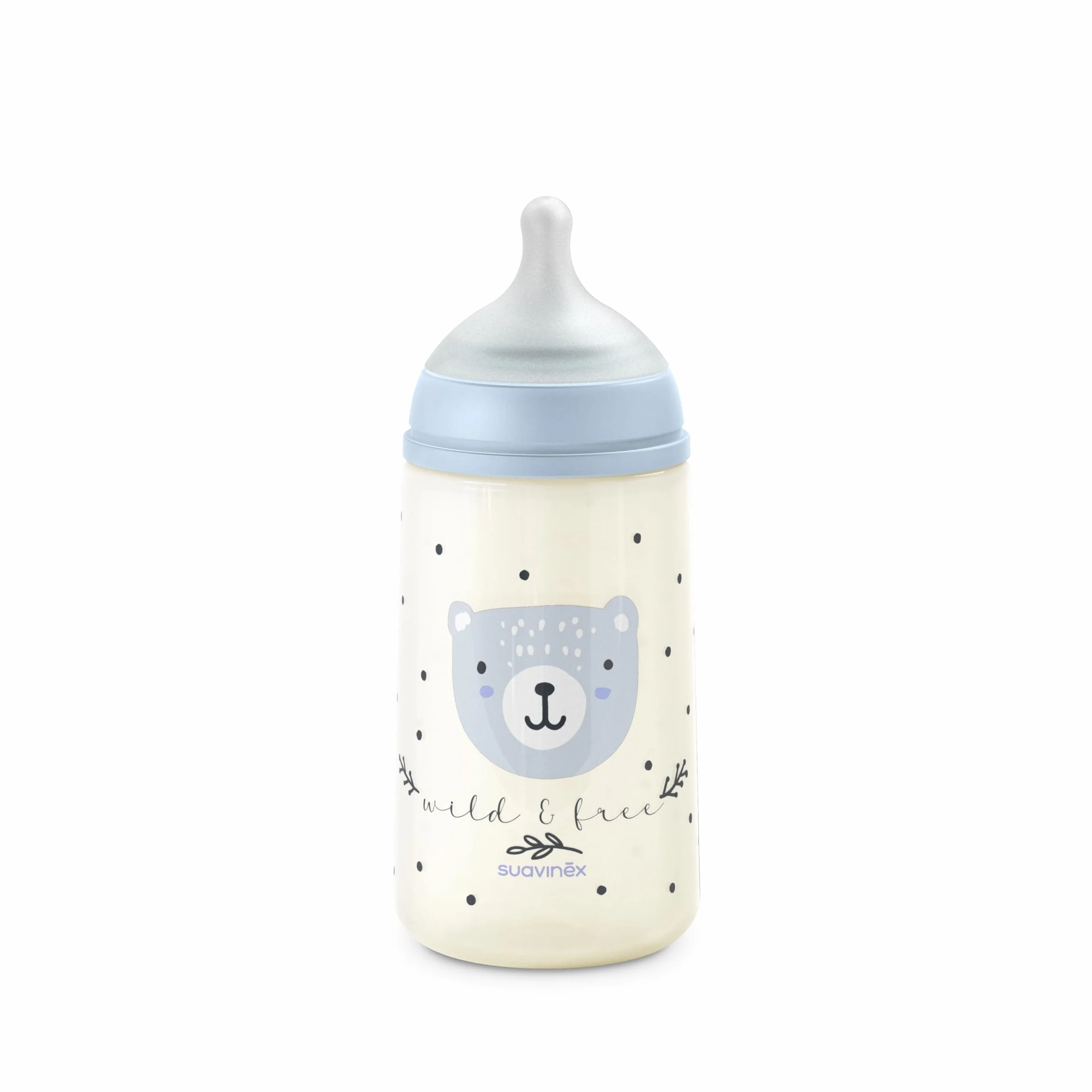 Suavinex, Biberon da 270 ml con tettarella fisiologica SX Pro in silicone con valvola anti-coliche, flusso medio (M), per liquidi a media densità, latte, succhi o acqua. Neonati +3 Mesi. Wild&Free Blu