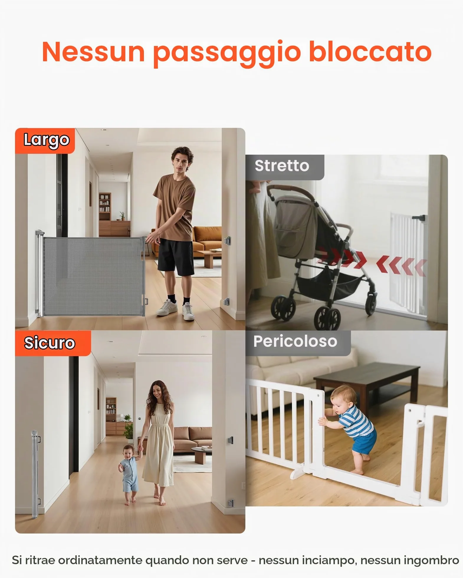 VEVOR Cancelletto Retrattile, Estensibile Fino a 1850 mm di Larghezza, 795 mm di Altezza, con Blocco di Sicurezza, Attraversabile Senza Inciampare, Cancelletto in Rete per Cani Scale, Grigio