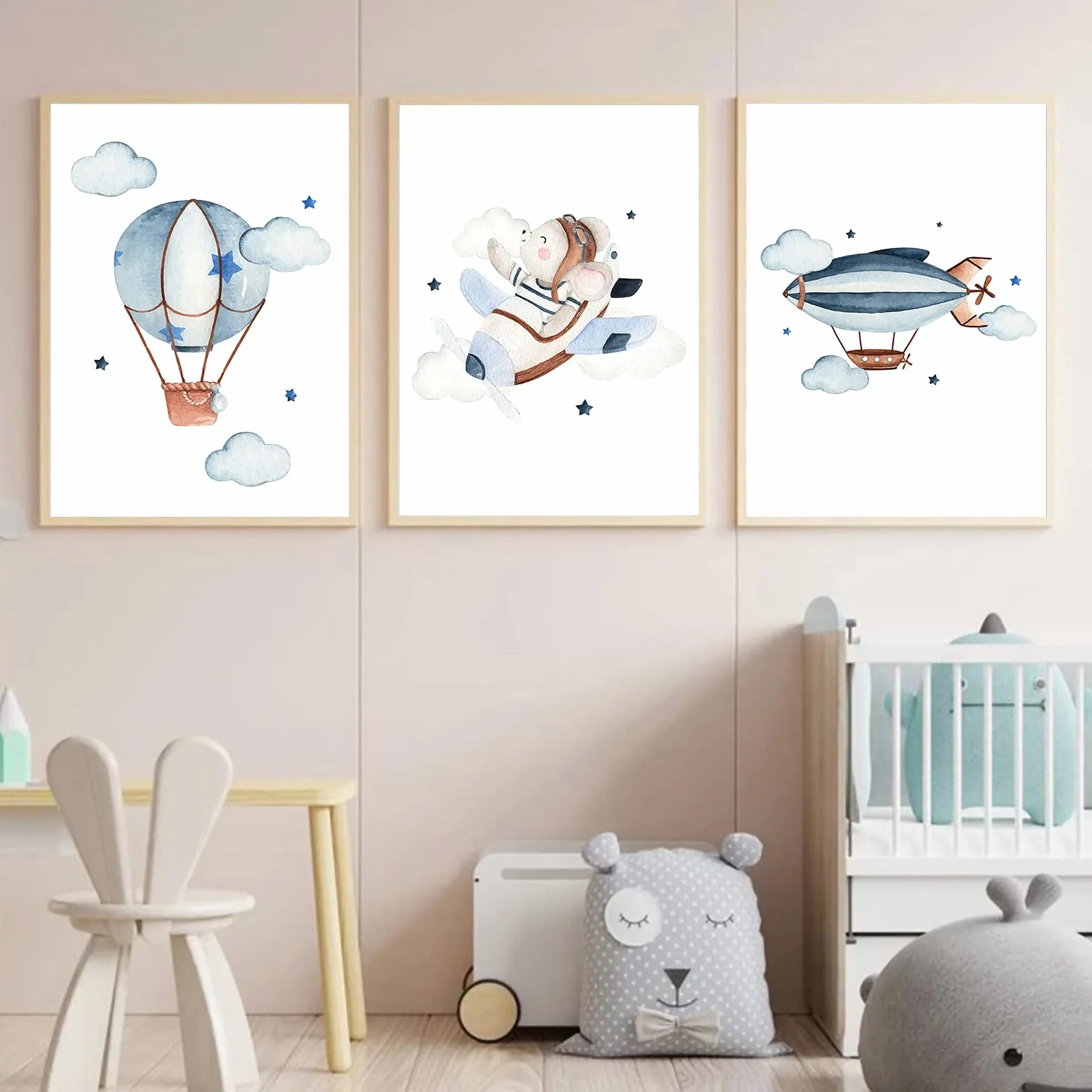 CULASIGN Set di 3 poster per cameretta dei bambini, formato A4, senza cornice, decorazione da parete per bambini, immagini per bambini, auto, aeroplani, palloncini caldi (DEF, 30 x 40 cm)