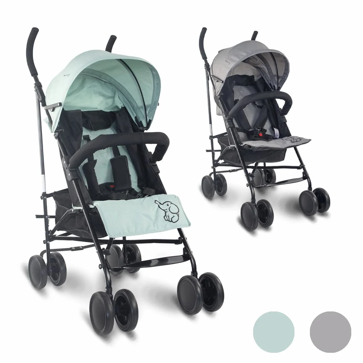 Mobiclinic® kids, Passeggino leggero, Elefant, Marchio europeo, Pieghevole, Schienale reclinabile, 15 kg, Doppio sistema di sicurezza, Ruote rimovibili, Cintura regolabile in 5 punti, Verde e nero