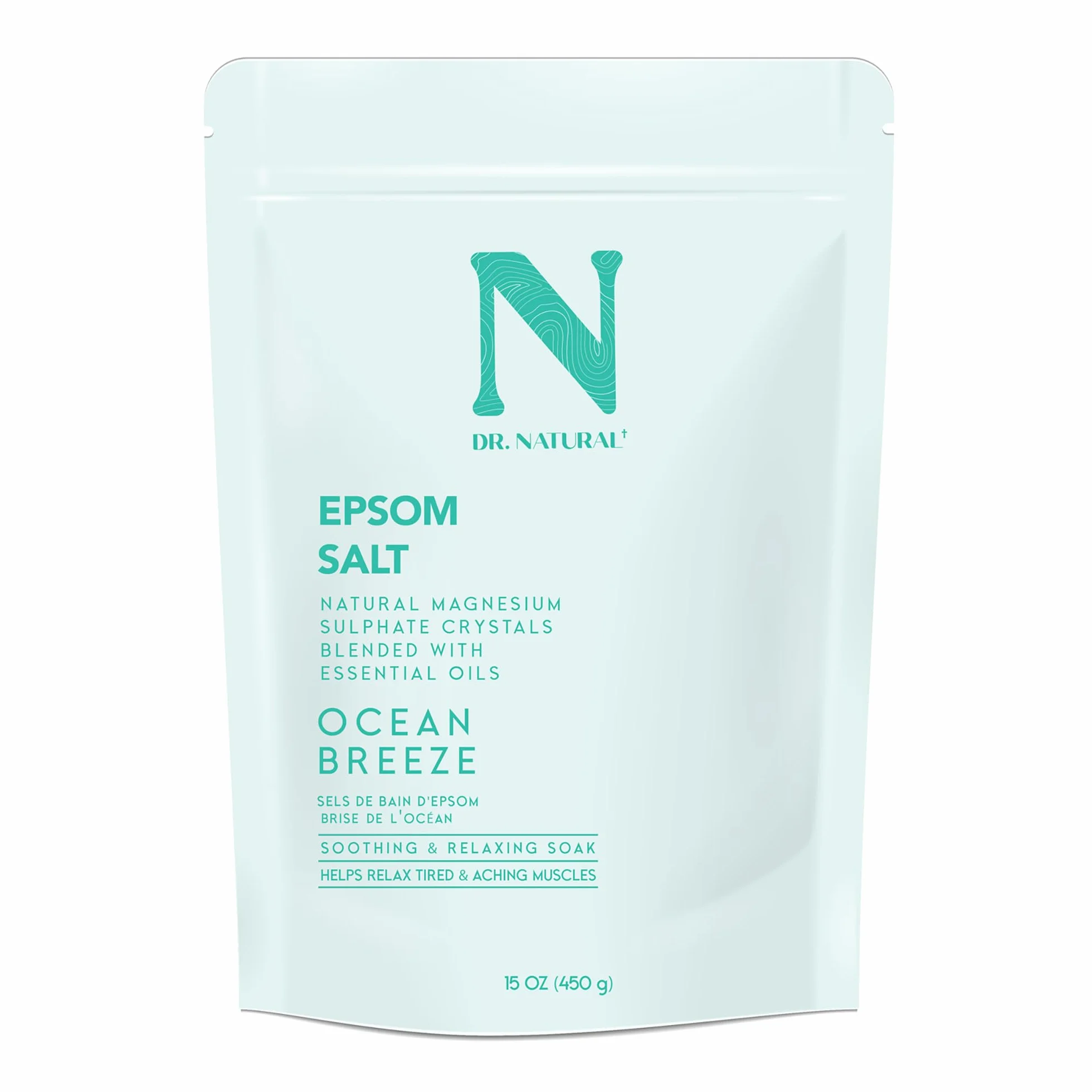 Dr. Natural Sale Epsom - Sali da bagno antistress, ammorbidente al sale di Epsom, Boost di magnesio, brezza marina, 450 g