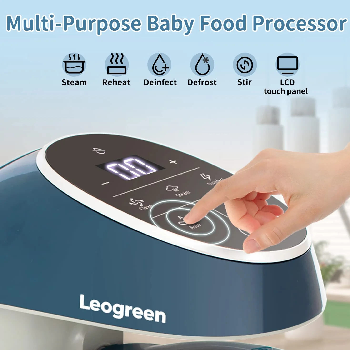 Leogreen Cuocipappa Bambini Robot da Cucina Multifunzione 7 in 1 Cottura a Vapore, Omogeneizzatore, Frullatore, Riscalda, Sterilizzare, Scongela, Scaldabiberon, Pulizia Automatica, SENZA BPA