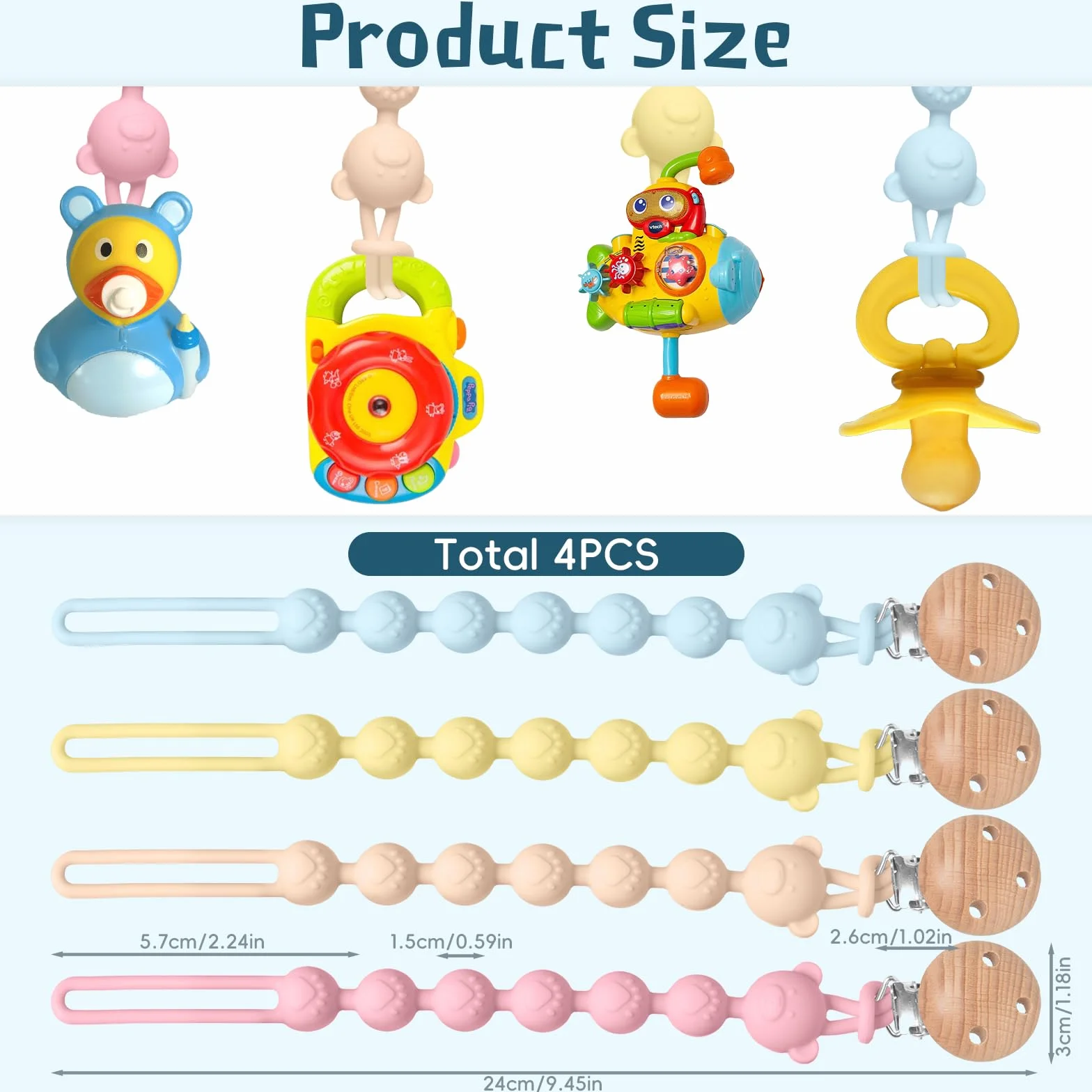 4 catenelle per ciuccio, in silicone, flessibilità, facile da pulire, catena per ciuccio e massaggiagengive 2 in 1, design 2 in 1, catenella per ciuccio, in legno, portabilità, aiuto dentale per