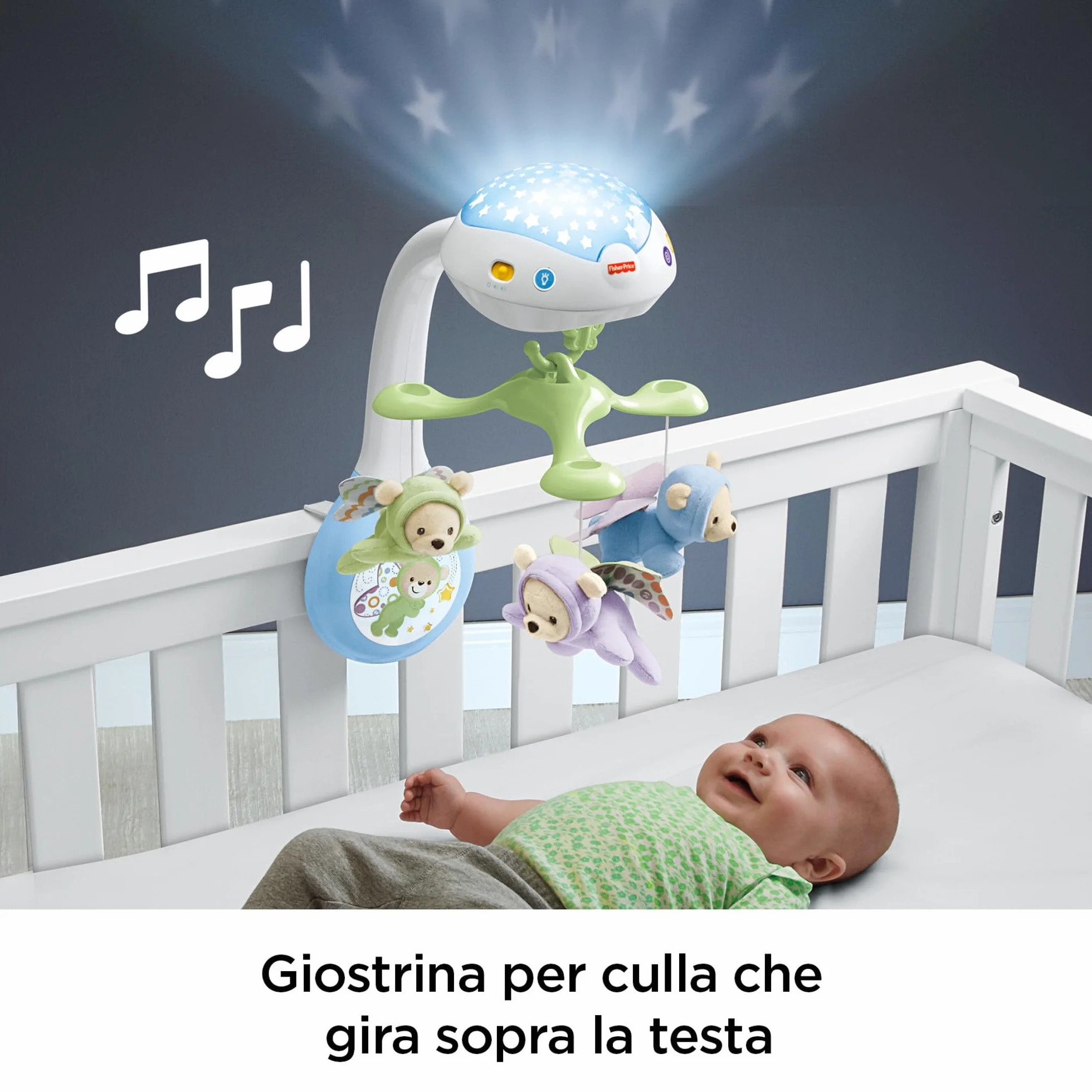 Fisher-Price - La Giostrina Degli Orsetti, giostrina motorizzata con la proiezione di luci stellate e tre modalità sonore calmanti, segue le fasi di crescita del bambino, per bimbi da 0+ mesi, CDN41