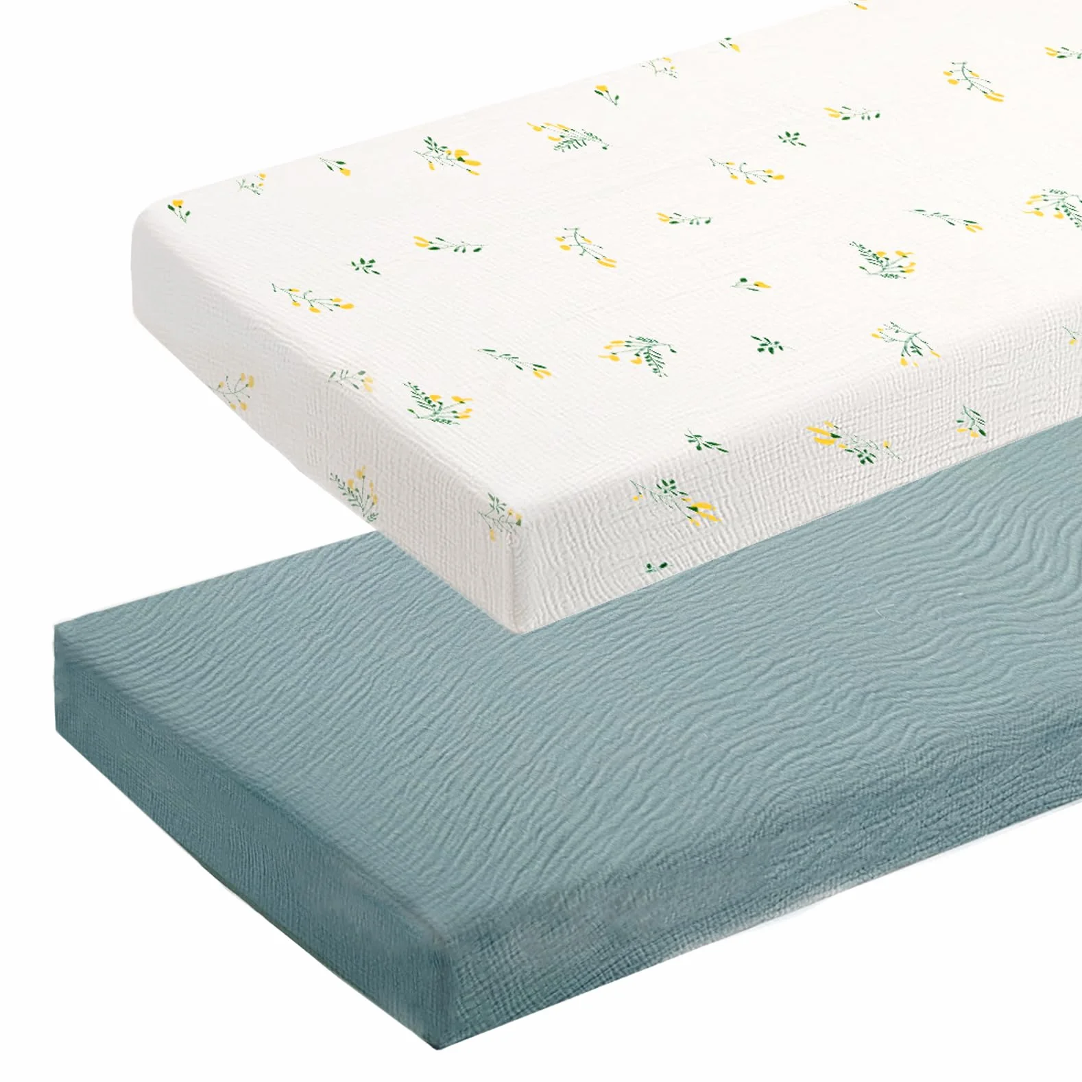 Lenzuolo con angoli elasticizzati 70 x 140 cm, in mussola, 100% cotone, morbido e traspirante, adatto per culla e lettino, lavabile in lavatrice, delicato sulla pelle del bambino, set da 2 (verde, 70