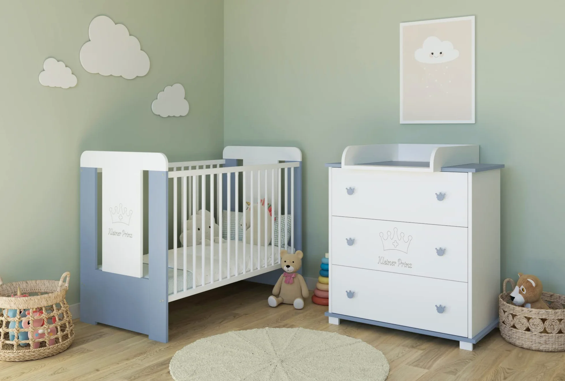 Kids Collective Cassettiera fasciatoio Fasciatoio con attacco per fasciatoio con 3 cassetti e incisione Piccolo Principe in bianco blu Boy Made in Europe
