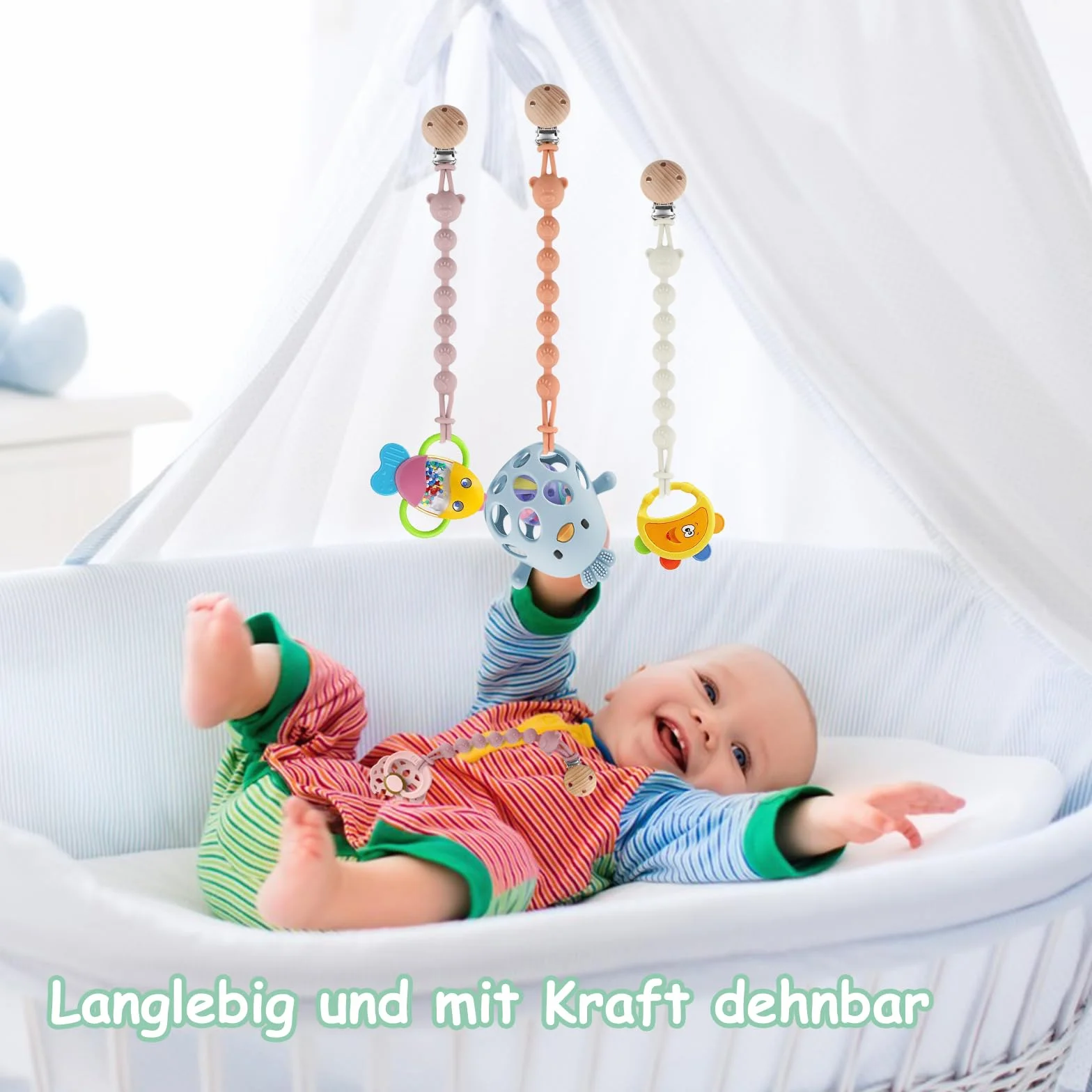 Set di 4 Clip per Ciuccio in Silicone, Clip per Ciuccio in Silicone, Attacco per Ciuccio Bebè, senza BPA, Catena per Allattamento Multifunzionale per Bambini e Bambine (Arancione + Viola +
