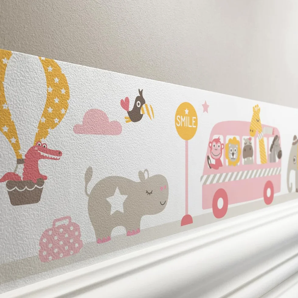 bordo autoadesivo, 450 x 11,5 cm, con motivo di escursione degli animali, rosa/beige/giallo