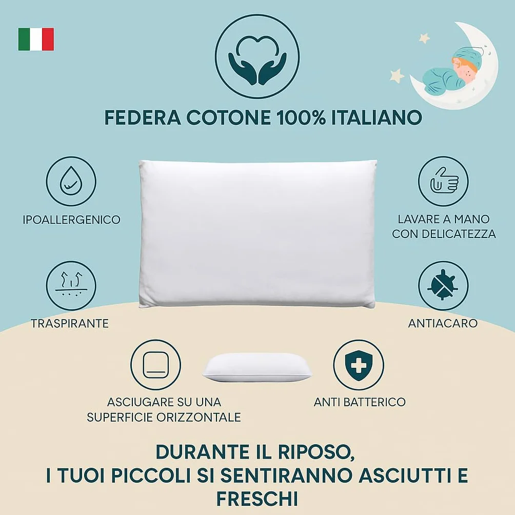 tessiharmony - Cuscino Lettino Bambino 60x40 cm 100% Cotone Guanciale Letto Culla Antiacaro Anallergico Traspirante Morbido 1 2 3 4 Anni Alto 4 cm Made in Italy